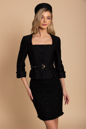 ‘Monique’ Silk and Wool Belted Top in Nero