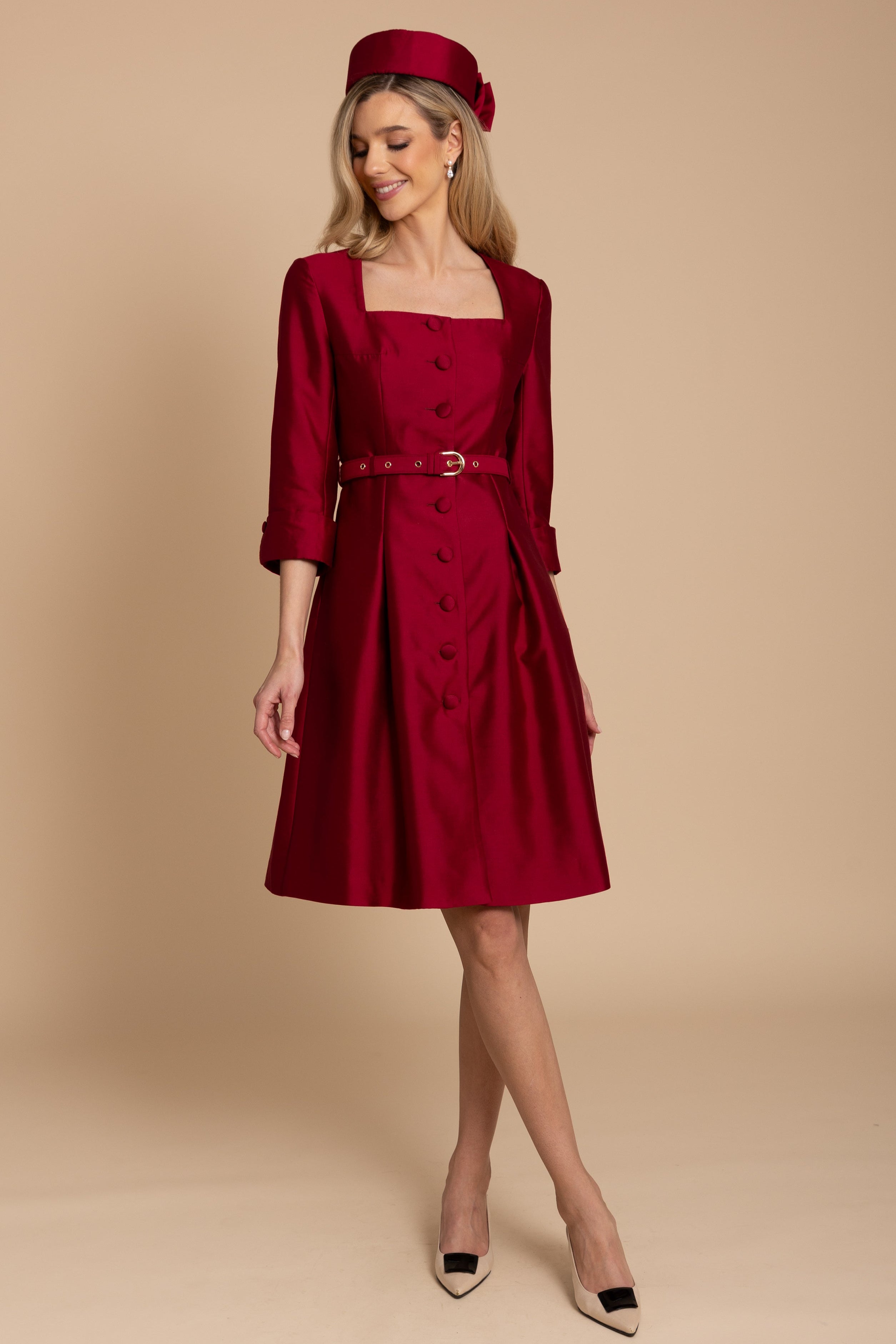 wool silk dress Navy Silk & Wool Dress with Belted Waist | Square Neckline & Gold Hardware | Spencer Collection