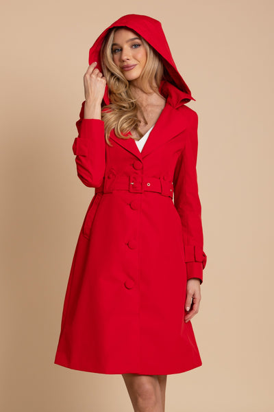 'Ingrid' Raincoat with Detachable Hood and Bows in Rosso