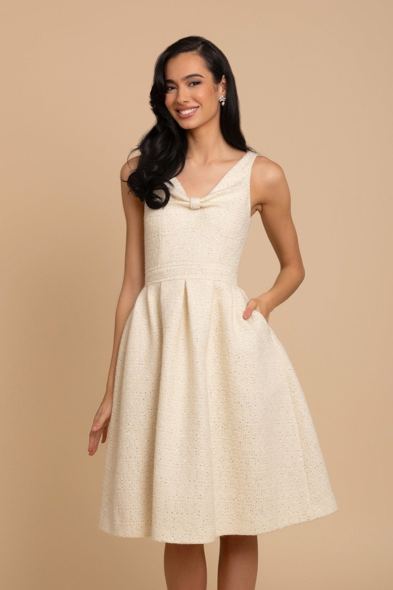 Cream Sparkly Wool Tweed Midi Dress | V-Neckline & Back | Splendour Collection | Santinni Cream Sparkly Wool Tweed Midi Dress | V-Neckline & Back | Splendour Collection | Santinni