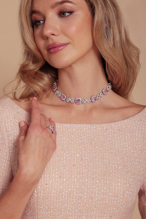 Open image in slideshow, &#39;Marie Antoinette&#39; Pink Cushion-Cut Crystal and Bow Silver Choker
