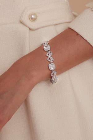 Open image in slideshow, &#39;Marie Antoinette&#39; Cushion-Cut Crystal and Bow Silver Bracelet
