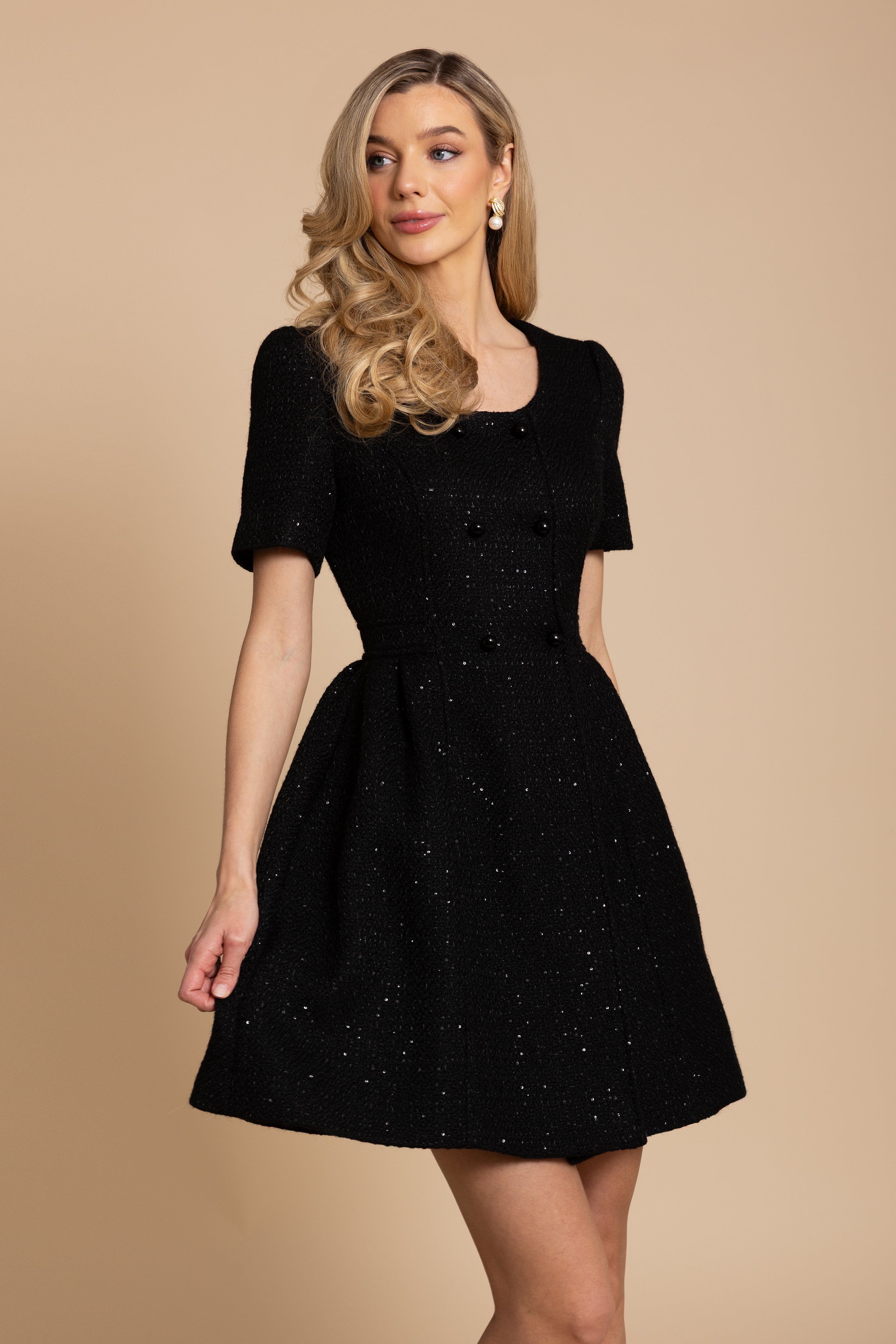 Golden Age' Wool Tweed Dress Coat in Nero Santinni Golden Age' Wool Tweed Dress Coat in Nero Santinni