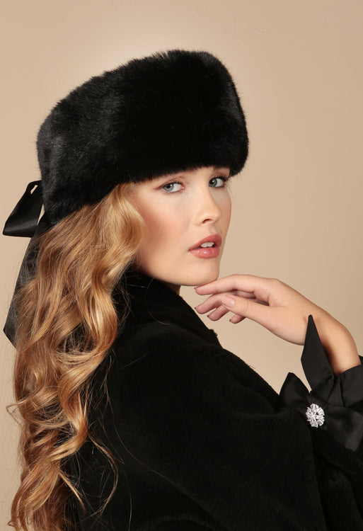 'Harlow' Faux Fur Headband with Satin Bow in Nero