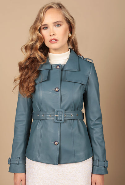 LAST CHANCE 'Bardot' Leather Jacket in Azzurro