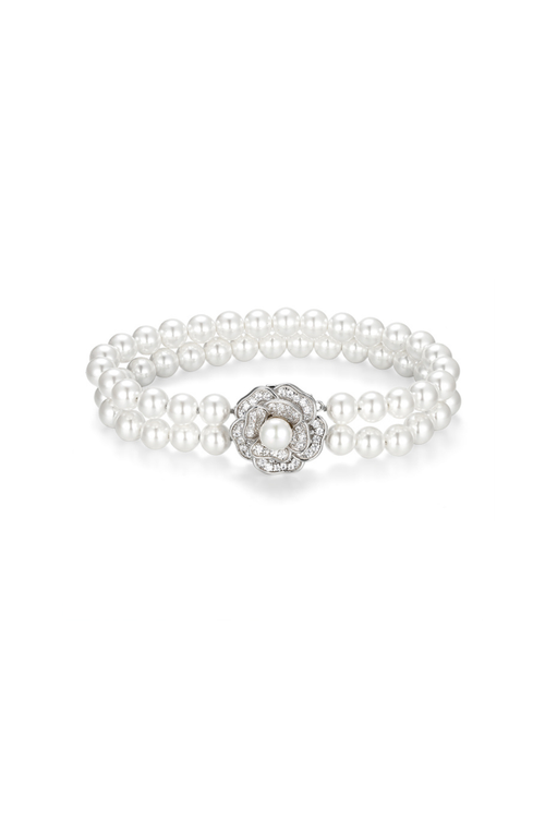 ‘Tsarina’ Double Strand Pearl Bracelet with Silver Rose