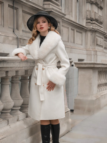 SS 'Marlene' Cashmere and Wool Coat with Faux Fur in Bianco