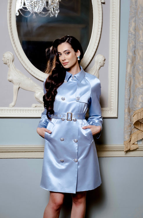 'La Dolce Vita' Wool and Silk Trench Coat in Blu