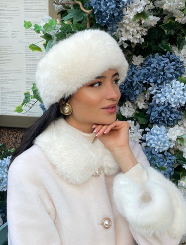 'Harlow' Faux Fur Headband with Satin Bow in Bianco