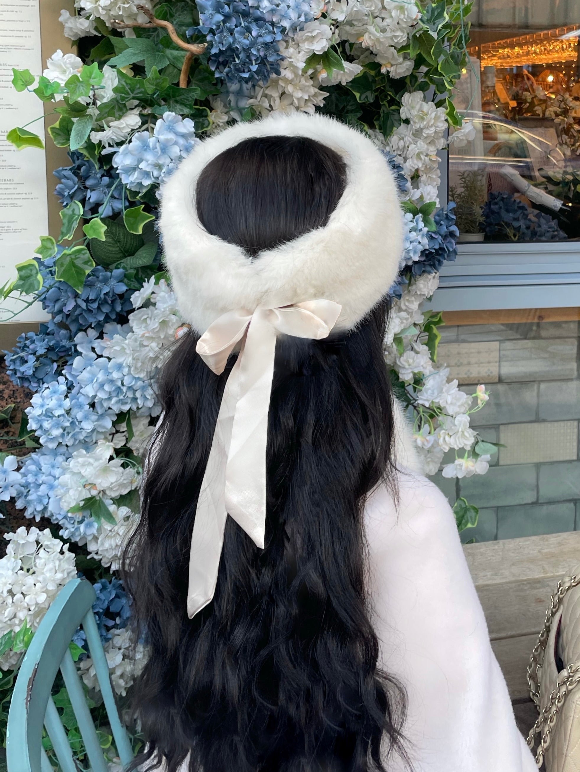 'Harlow' Faux Fur Headband with Satin Bow in Bianco