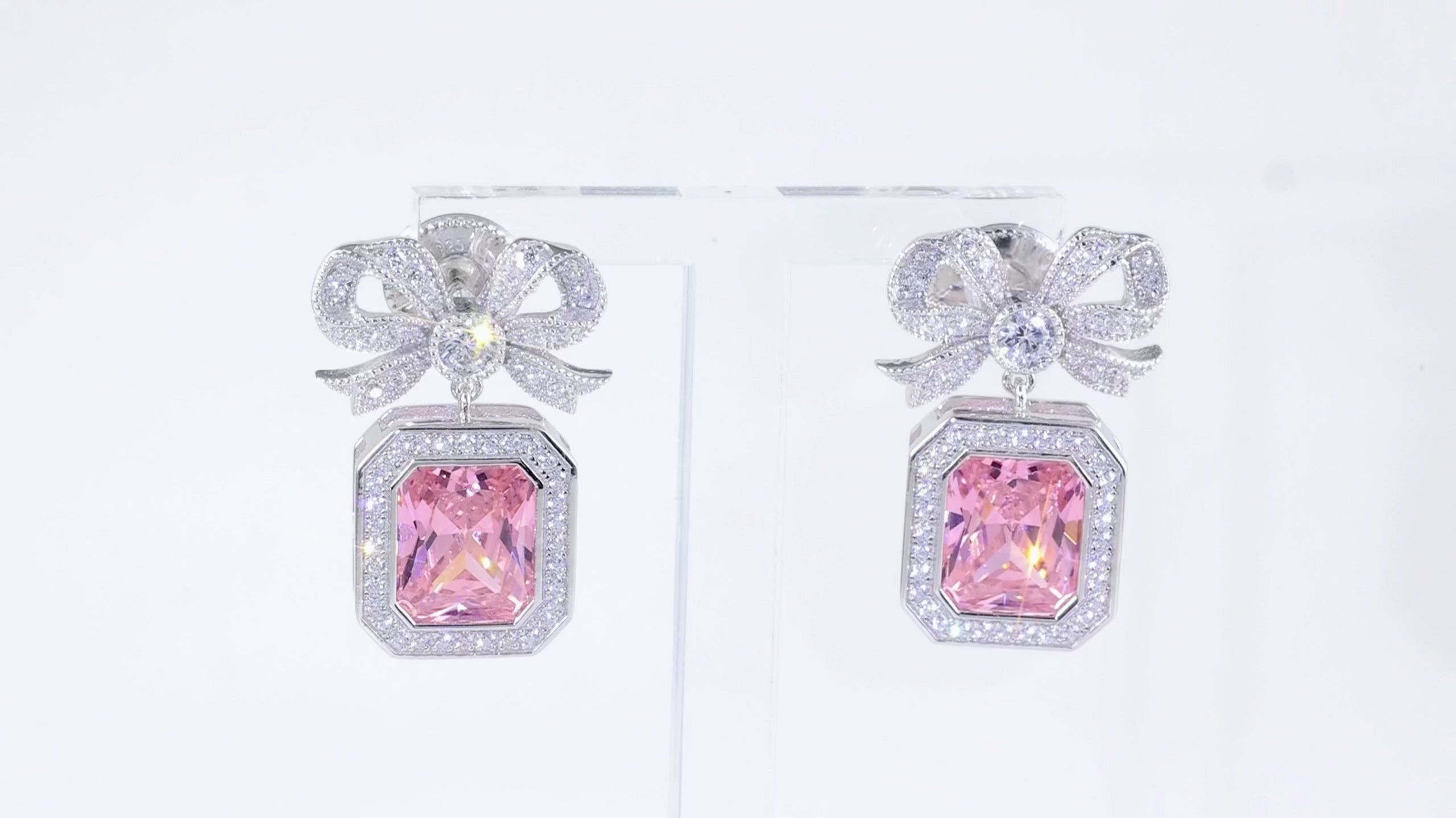 'Empress' Bow and Pink Radian Cut Crystal Silver Earrings