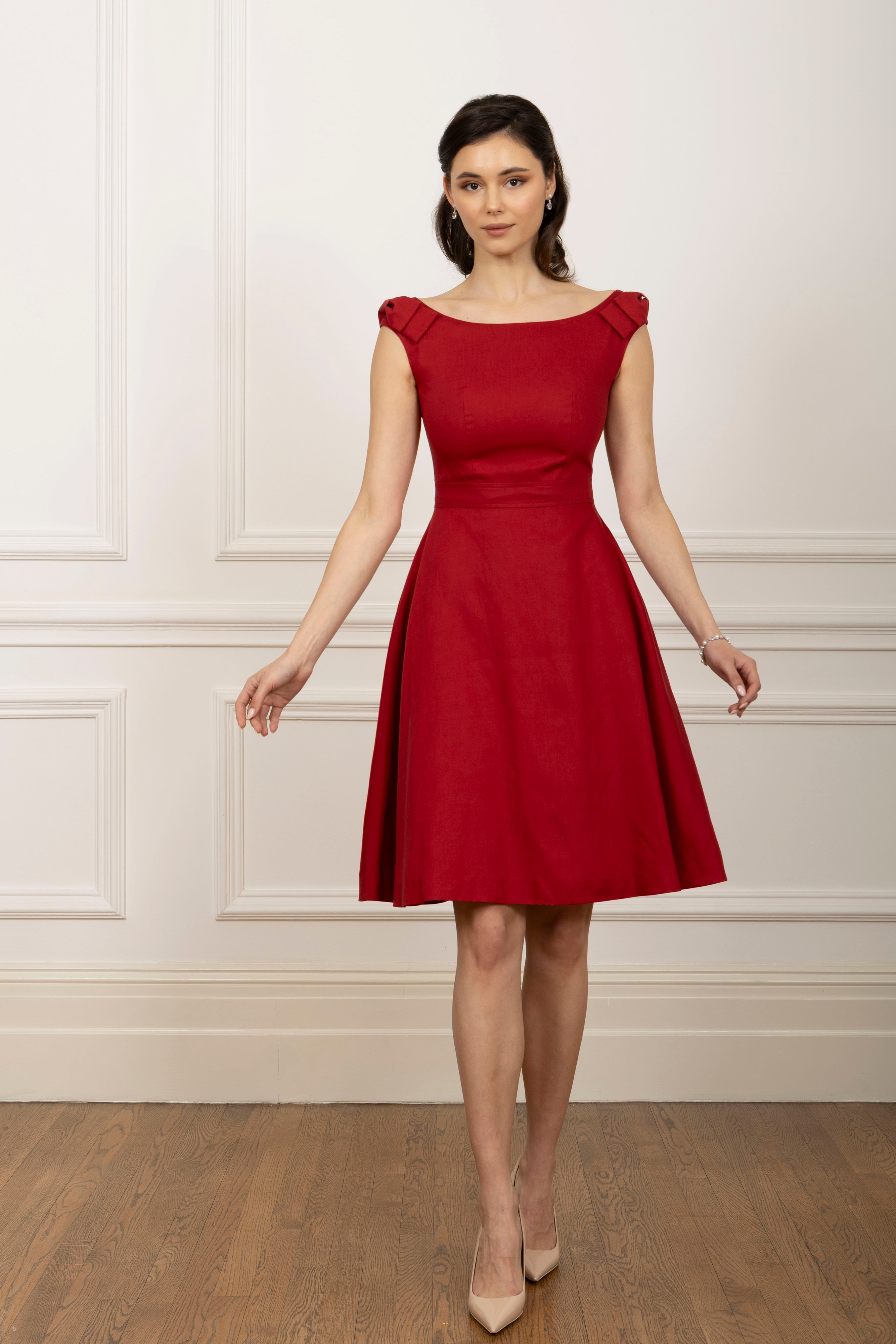 bateau neckline cocktail dress Rose' Midi Linen Dress with Boat Neckline in Rosso – Santinni