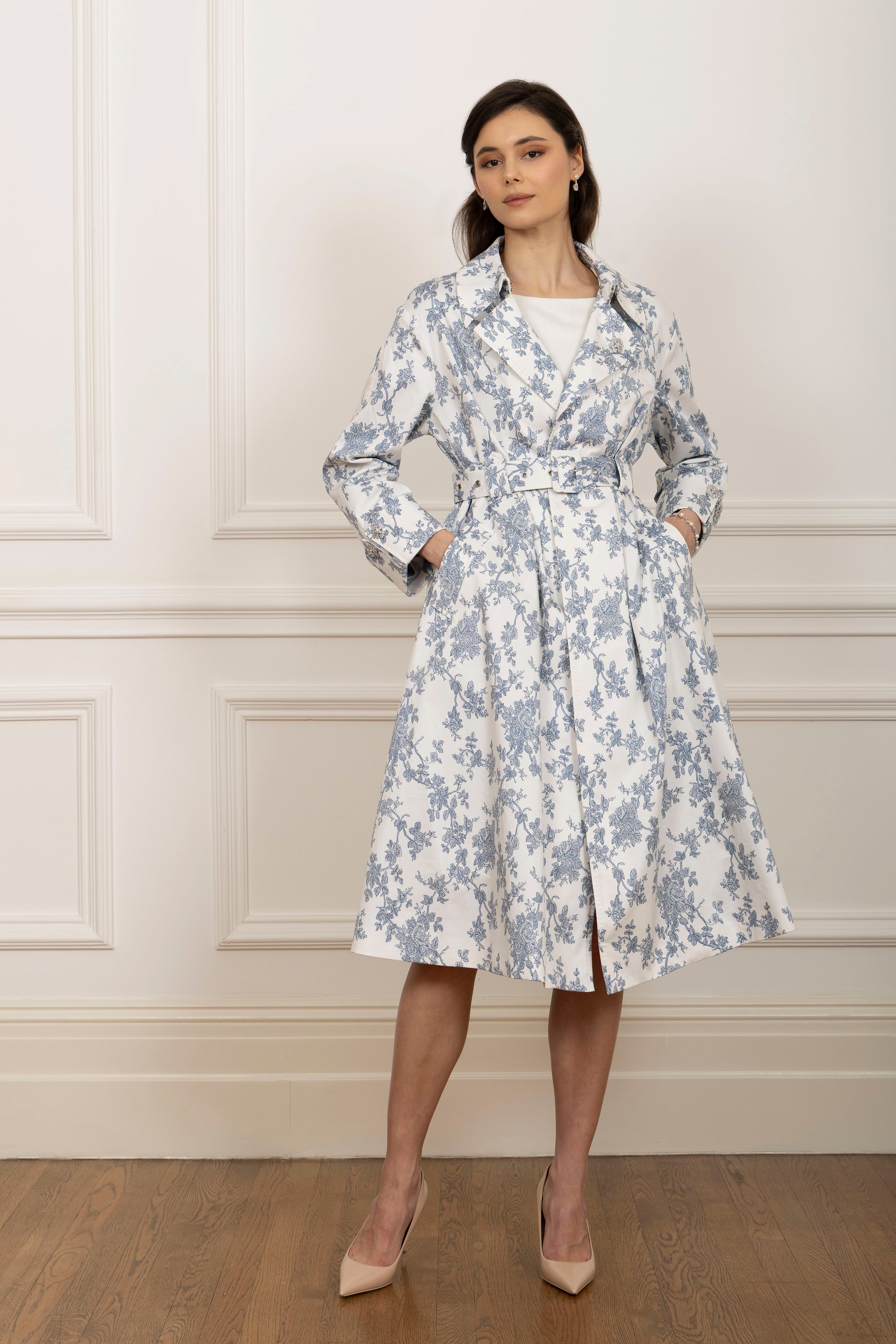 ‘Bluebell’ Belted Cotton Toile Trench Coat in Blu | Spring / Summer Coats