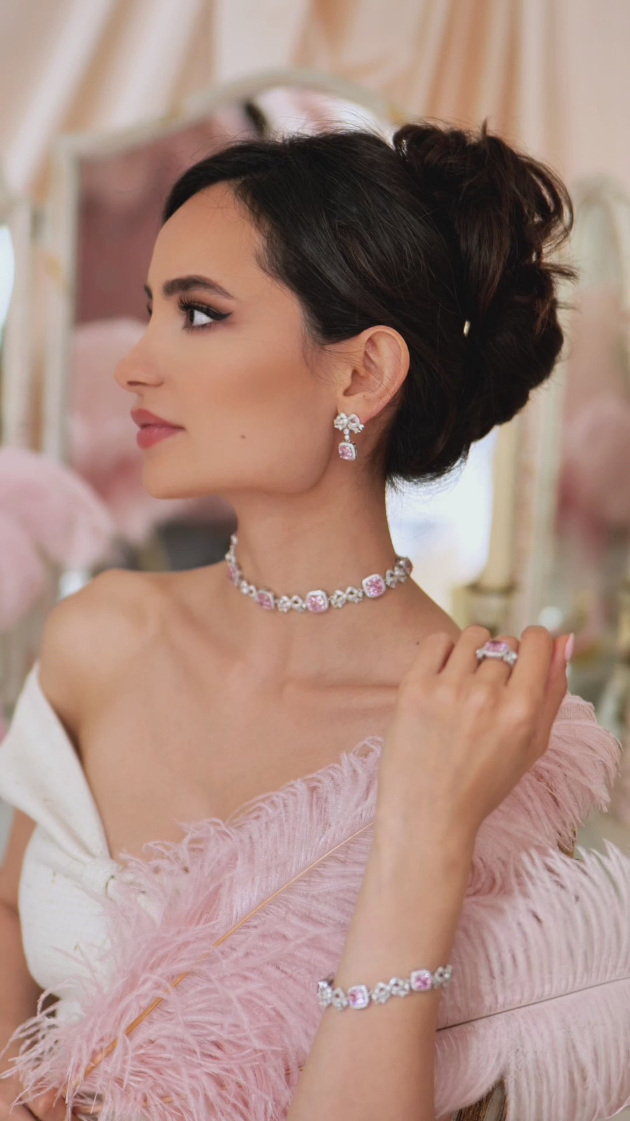 Marie Antoinette' PINK Cushion-Cut Crystal and Bow Silver Choker
