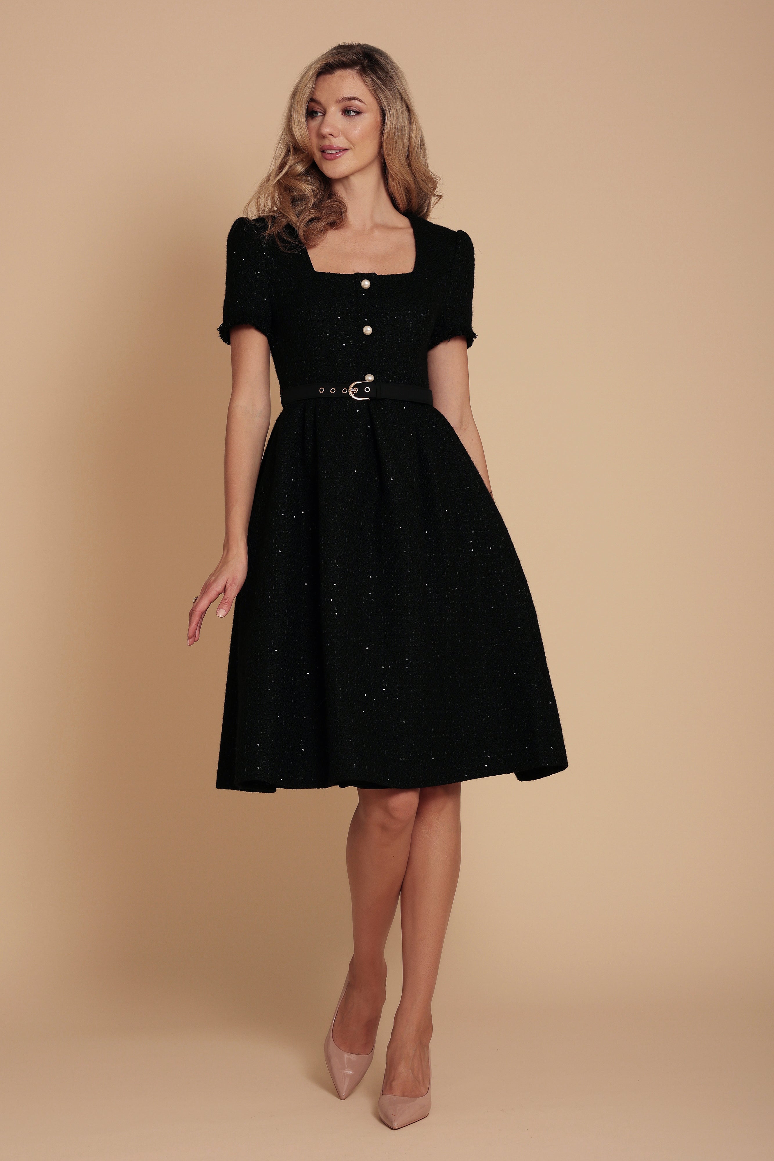 black tweed dress and Gold Fit and Flare Short with Square Neckline Tweed fabric Black Cotton Tweed Dress Matilda