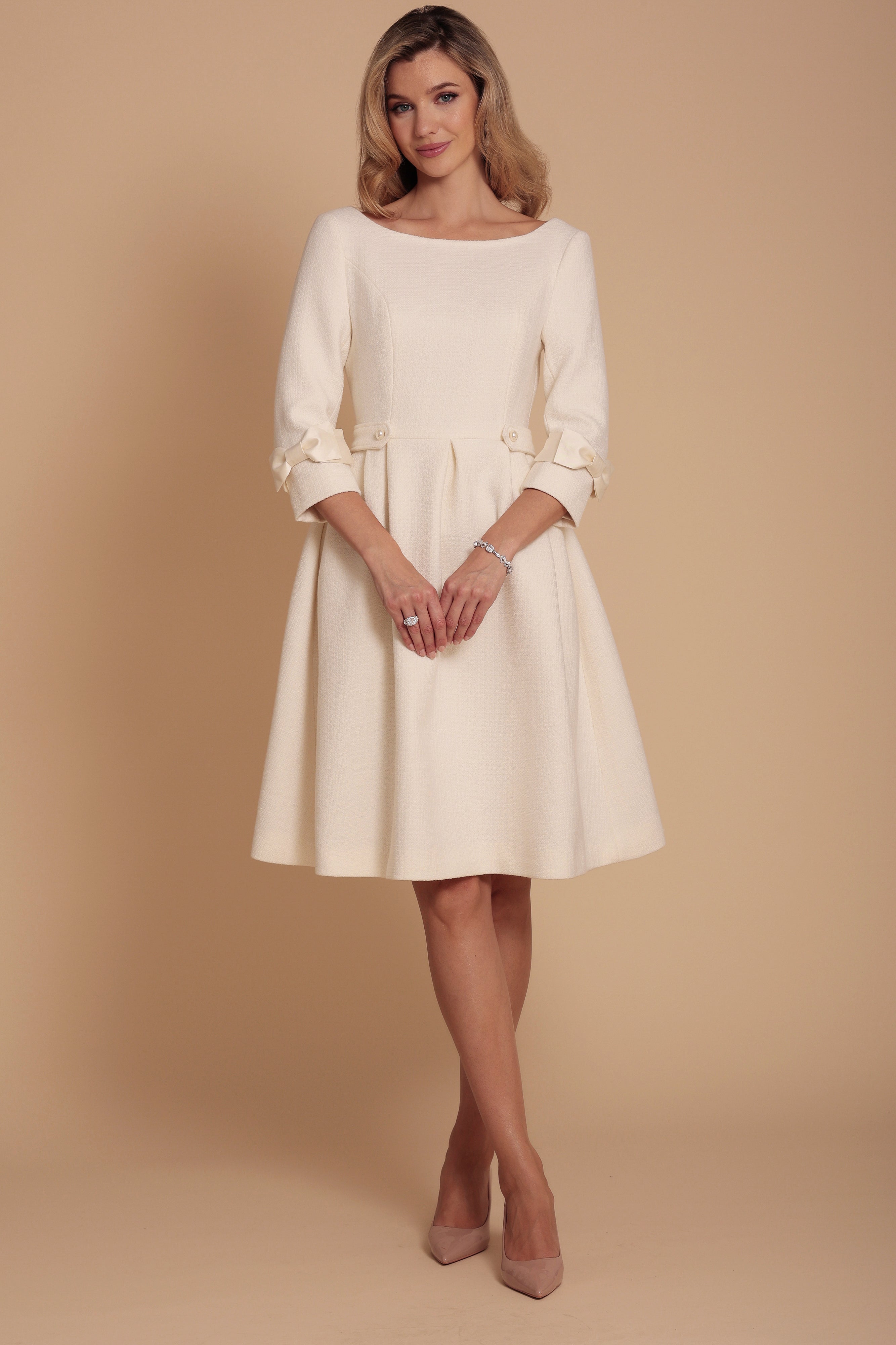 White Wool Tweed Dress with Bateau Neckline | Silk Taffeta Shoulder Bows & Pleated Skirt | Intermezzo Collection | Santinni White Wool Tweed Dress with Bateau Neckline | Silk Taffeta Shoulder Bows & Pleated Skirt | Intermezzo Collection | Santinni