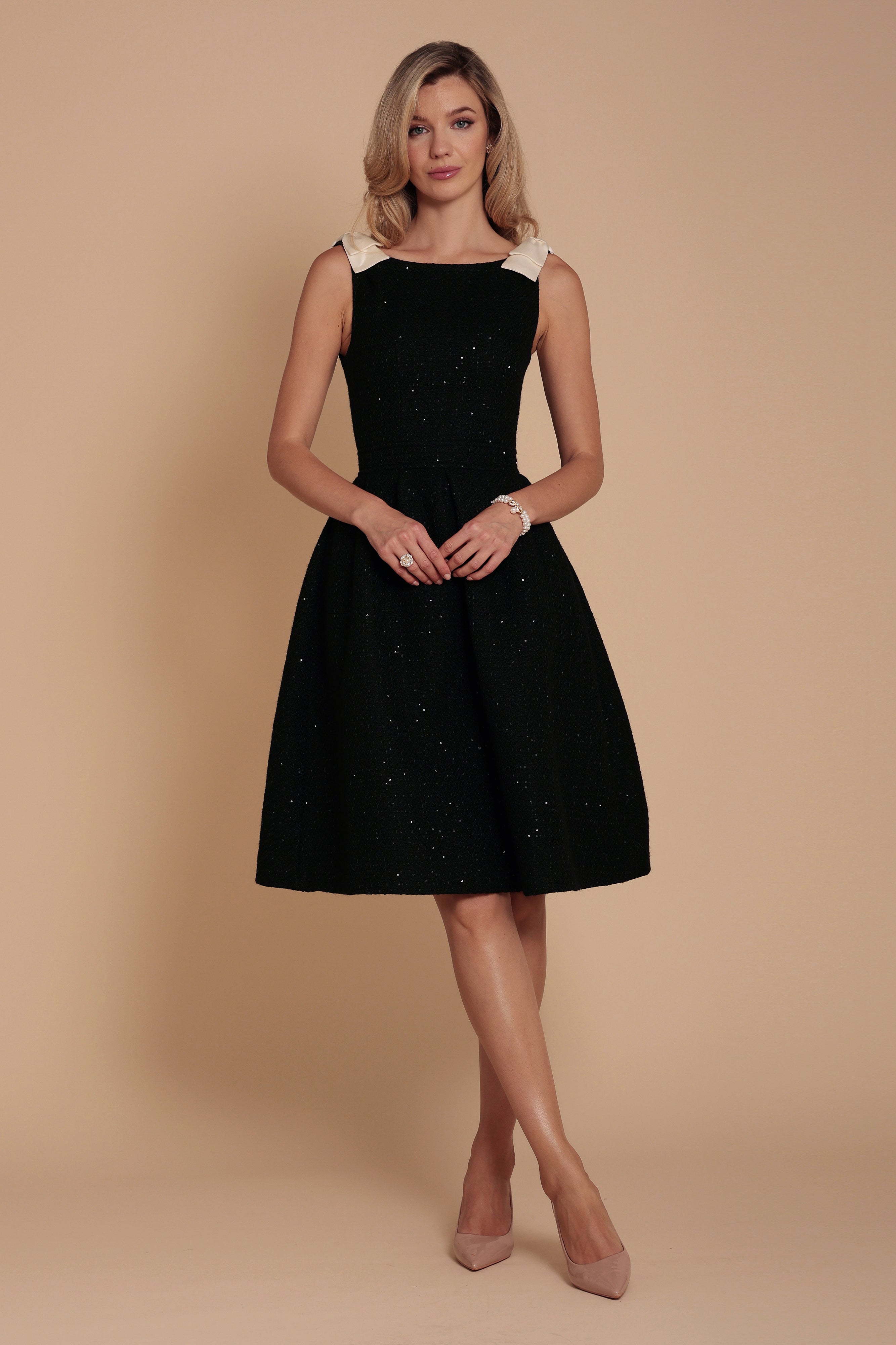 Orpheum' Wool Tweed Dress with Silk Taffeta Bows in Nero Santinni Orpheum' Wool Tweed Dress with Silk Taffeta Bows in Nero Santinni
