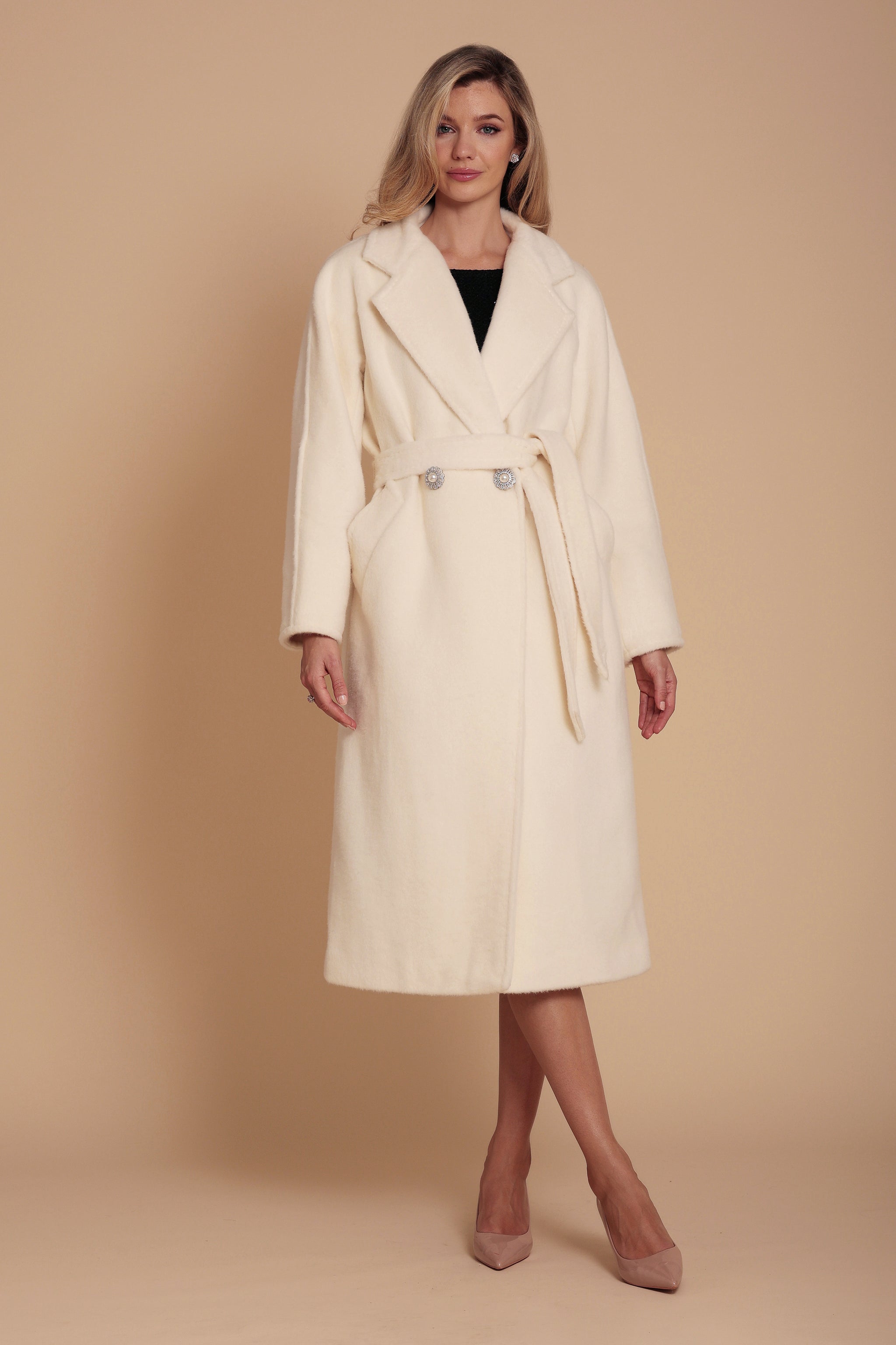 Paparazzi' Alpaca Wool Belted Coat in Bianco | Santinni Paparazzi' Alpaca Wool Belted Coat in Bianco | Santinni