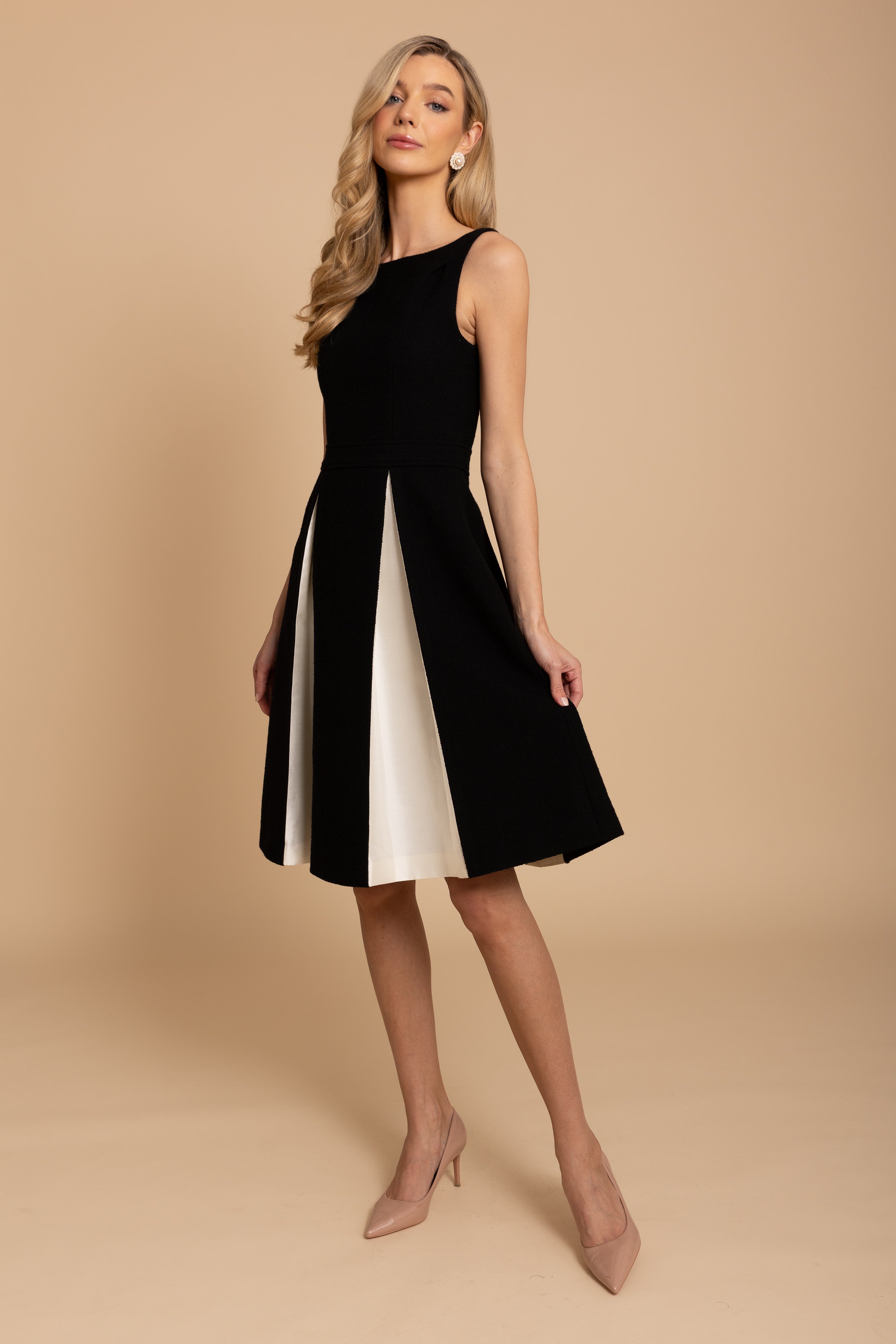 Black Wool Dress with Silk Taffeta Pleats | Boat Neckline & Full Skirt | Poise Collection