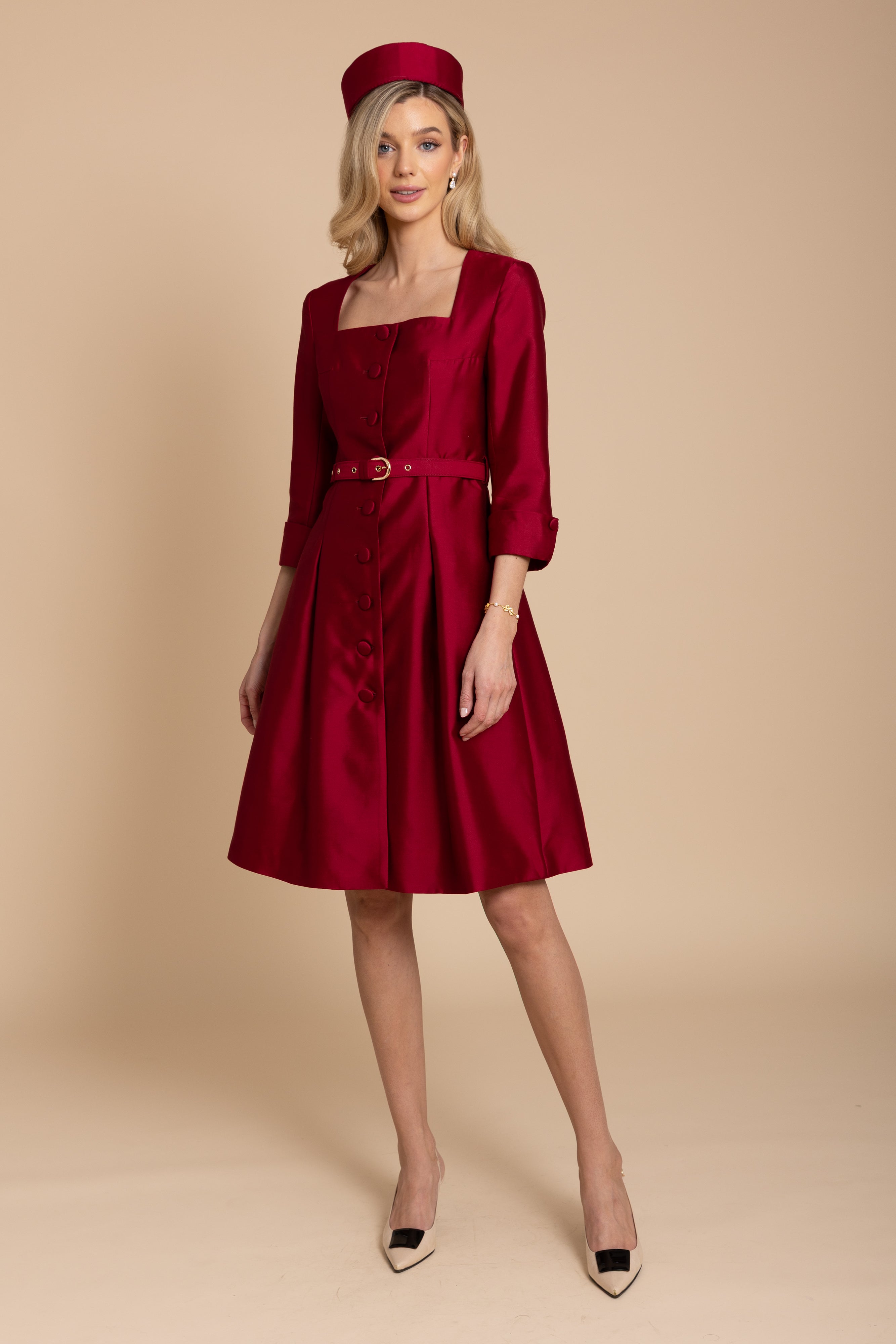 Red Silk & Wool Dress with Belted Waist | Square Neckline & Gold Hardware | Spencer Collection | Santinni Red Silk & Wool Dress with Belted Waist | Square Neckline & Gold Hardware | Spencer Collection | Santinni