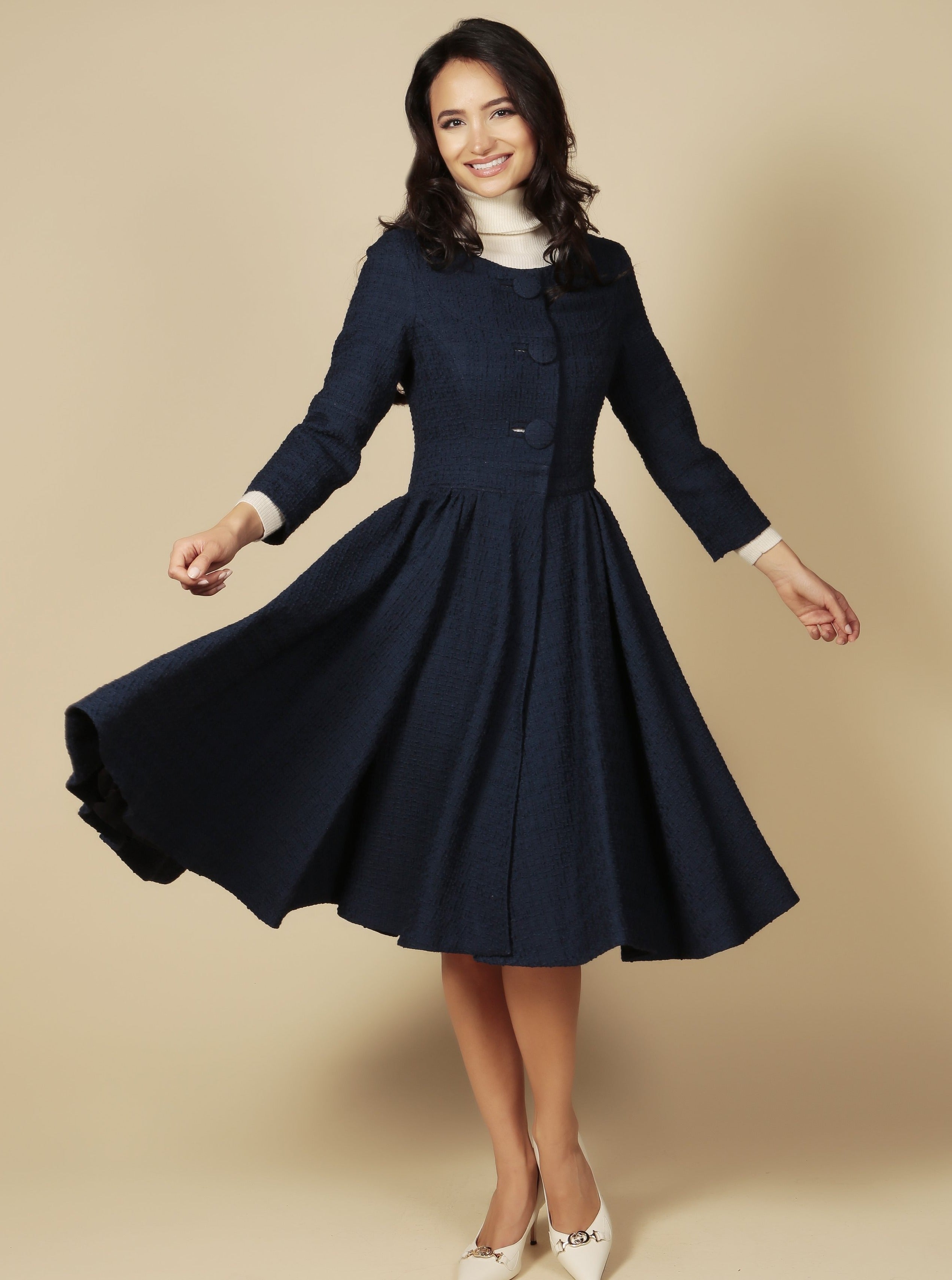 Blue Italian Wool Swing Dress Women's Coat | Tweed-Dressed Buttons | Tailored Bodice | Lady Collection