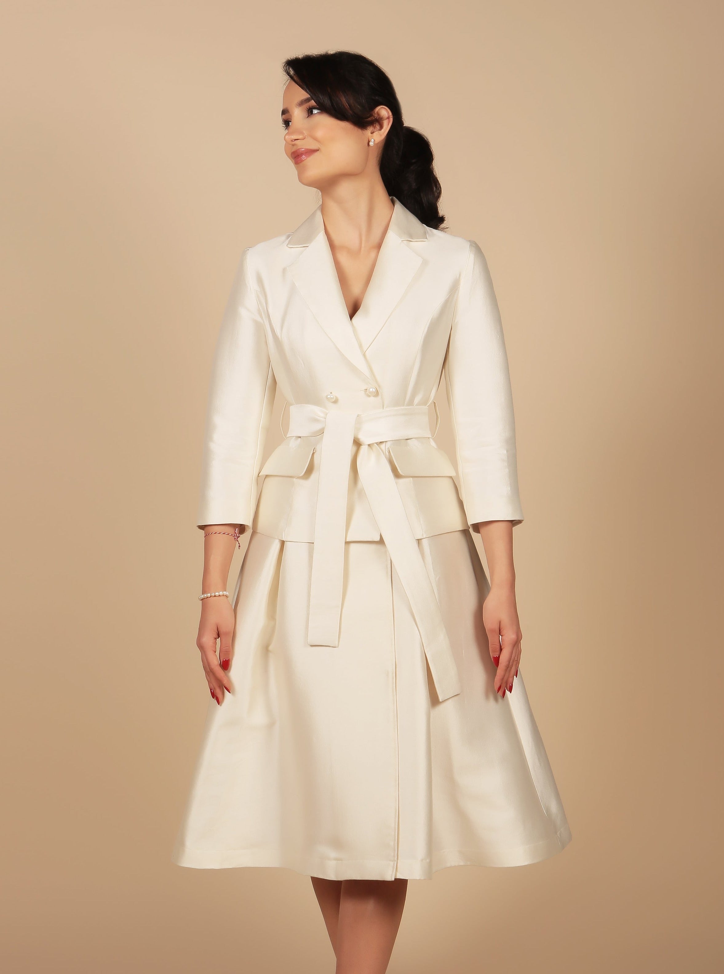 White Wool & Silk Dress Women's Coat | Belted | Double-Breasted Front | Audrey Collection