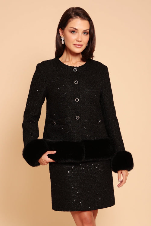 'Parisienne' Wool Tweed Blazer Coat with Faux Fur in Nero