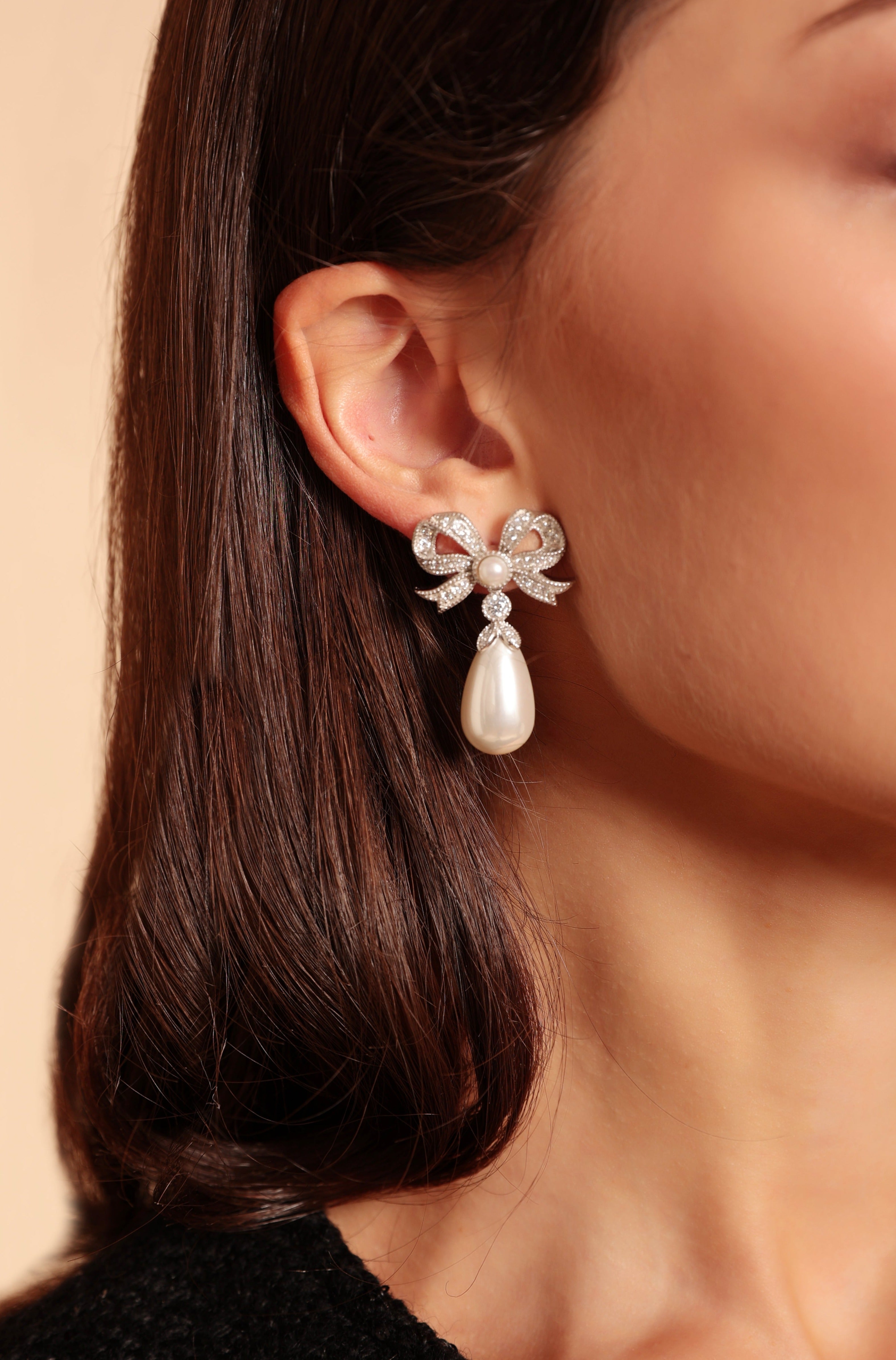 'Queen' Bow and Pearl Drop Silver Earrings