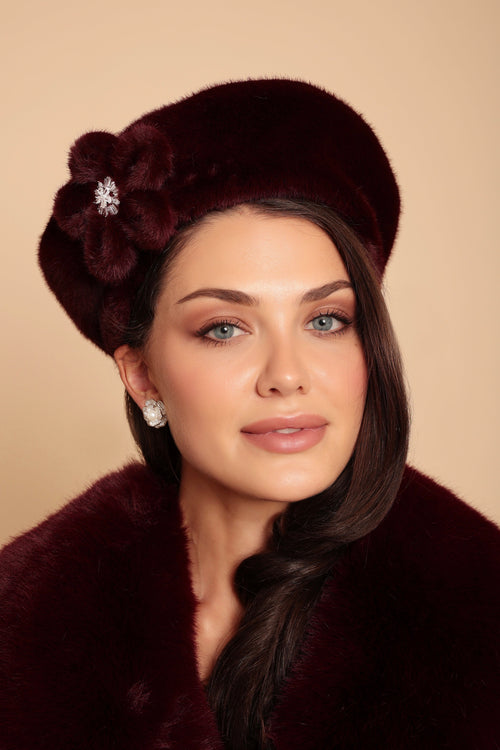 🎁 'Marion' Faux Fur Hat with Flower Motif in Rosso (10% off)