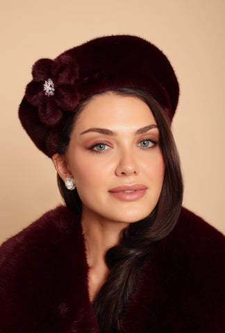 'Marion' Faux Fur Hat with Flower Motif in Rosso