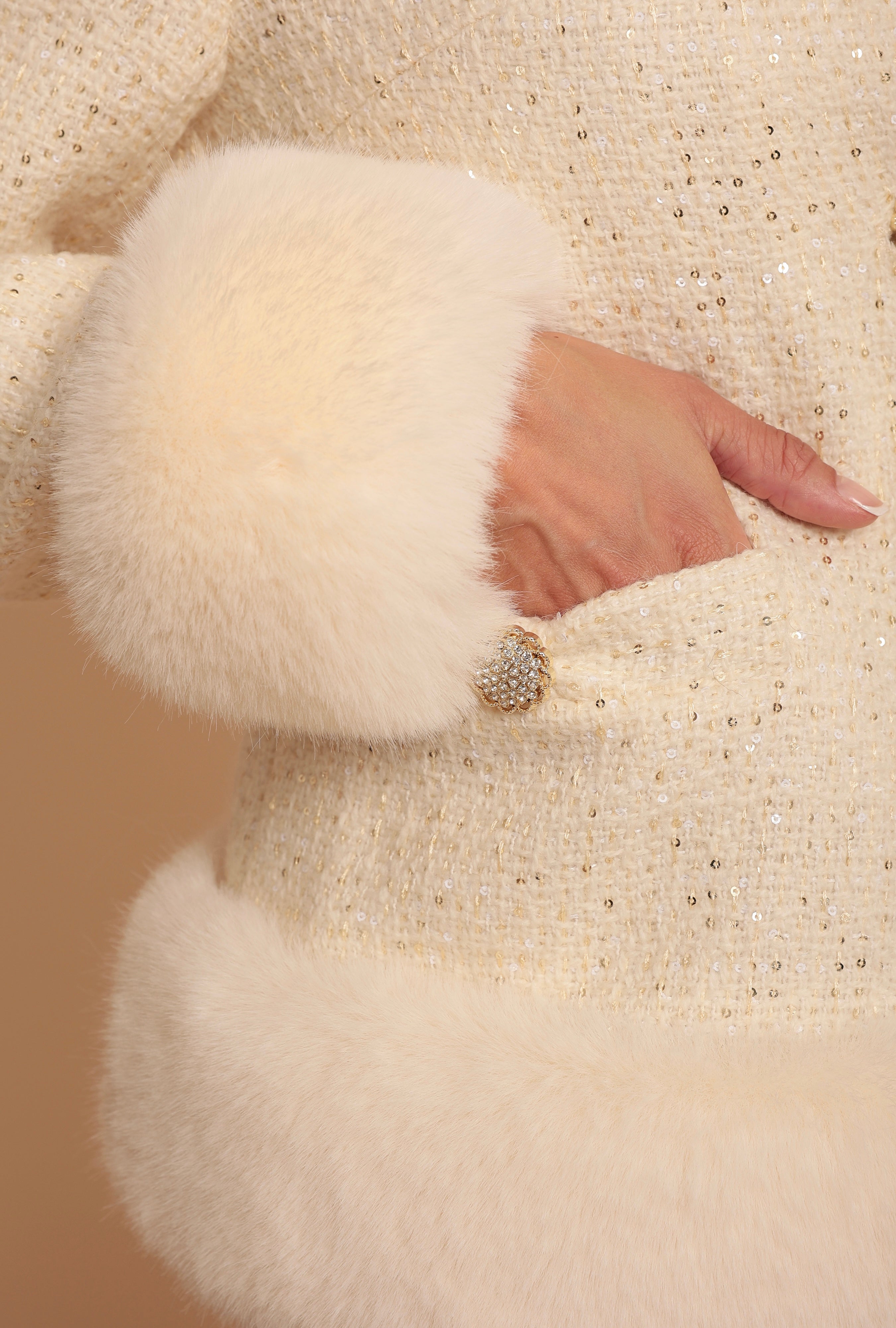 'Parisienne' Wool Tweed Blazer Coat with Faux Fur in Crema