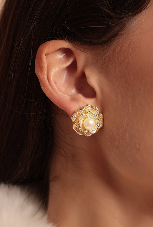 'Tsarina' Flower and Freshwater Pearl Gold-Plated Silver Earrings
