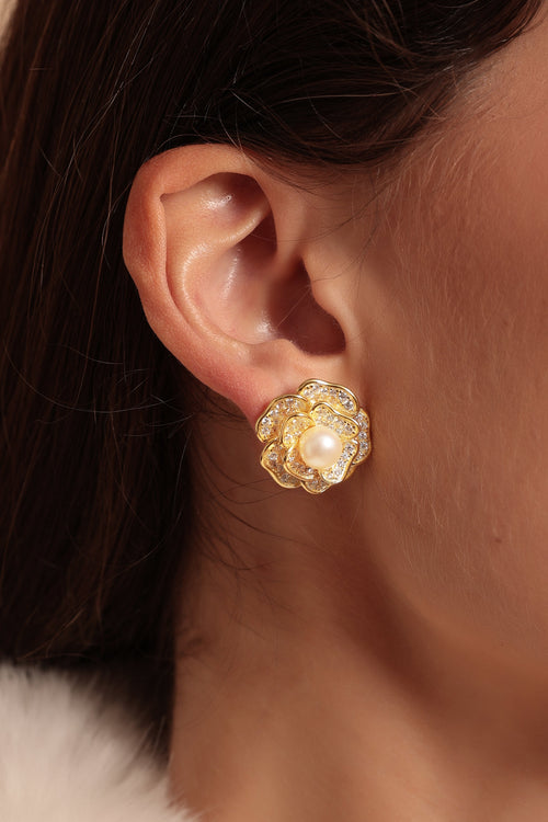 🎁 'Tsarina' Flower and Freshwater Pearl Gold-Plated Silver Earrings (100% off)