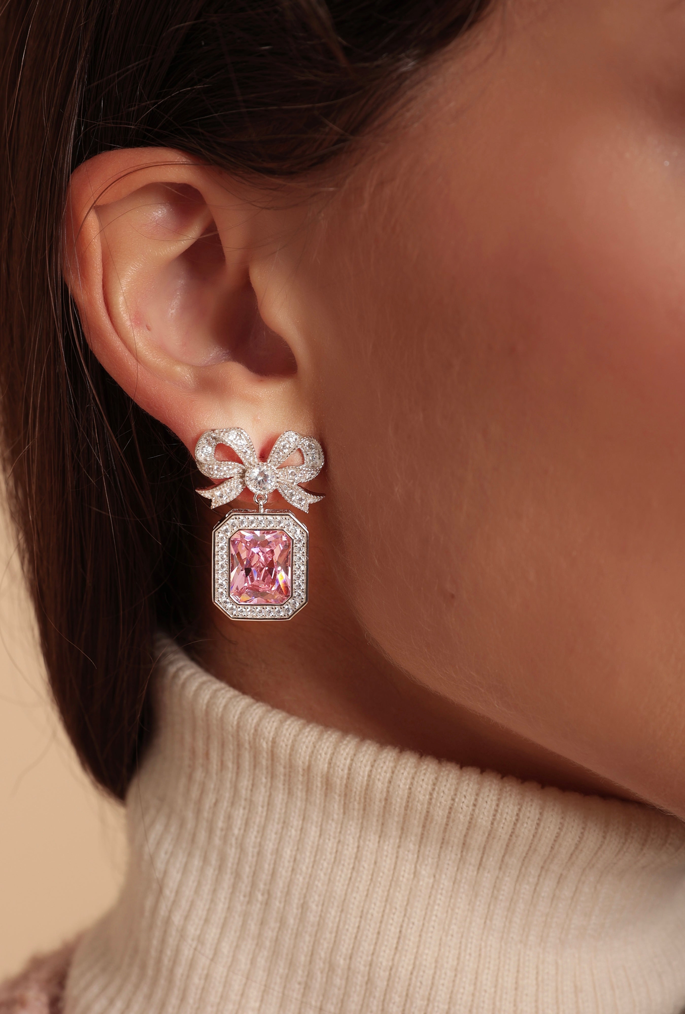 'Empress' Bow and Pink Radian Cut Crystal Silver Earrings