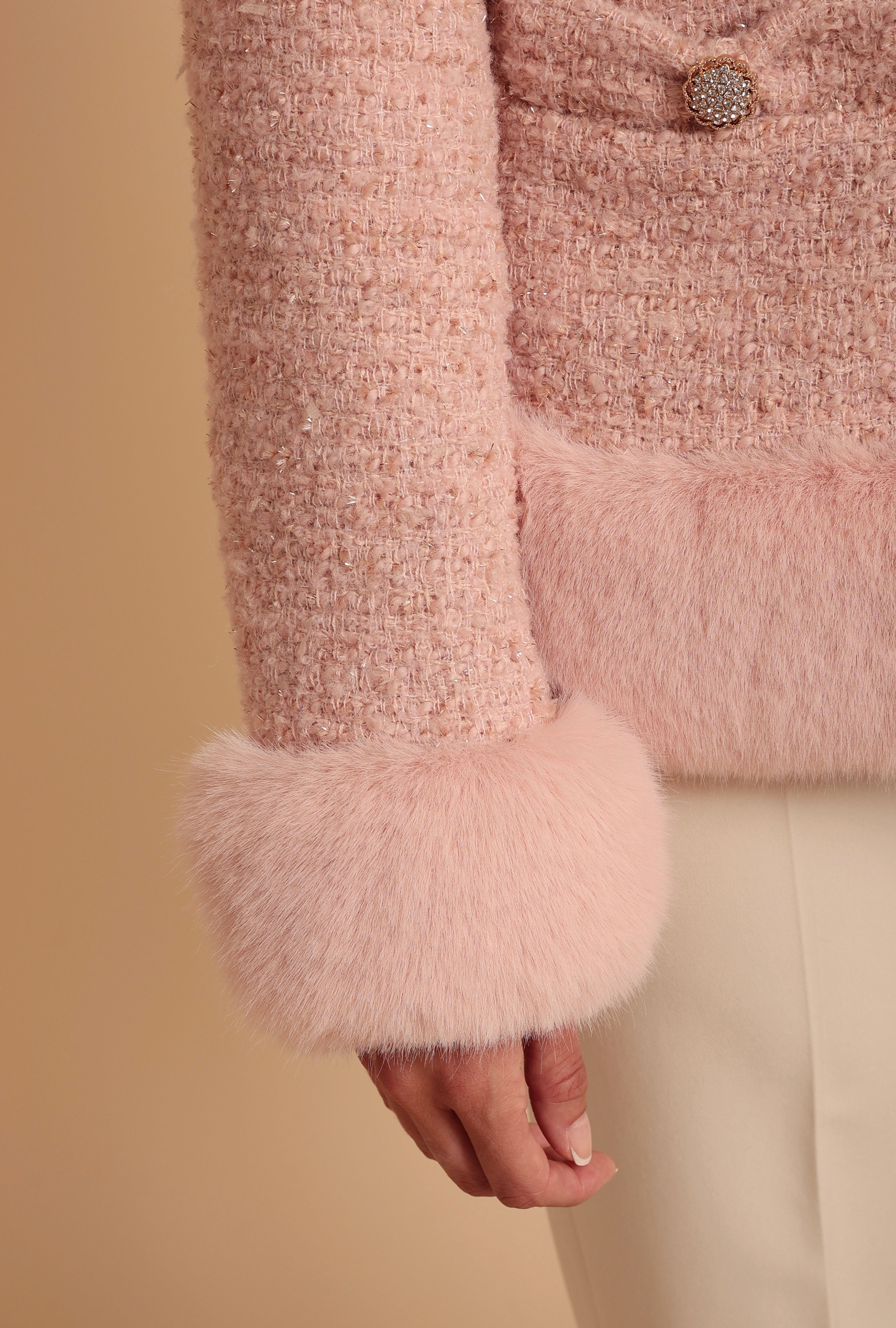 'Parisienne' Wool Tweed Blazer Coat with Faux Fur in Rosa