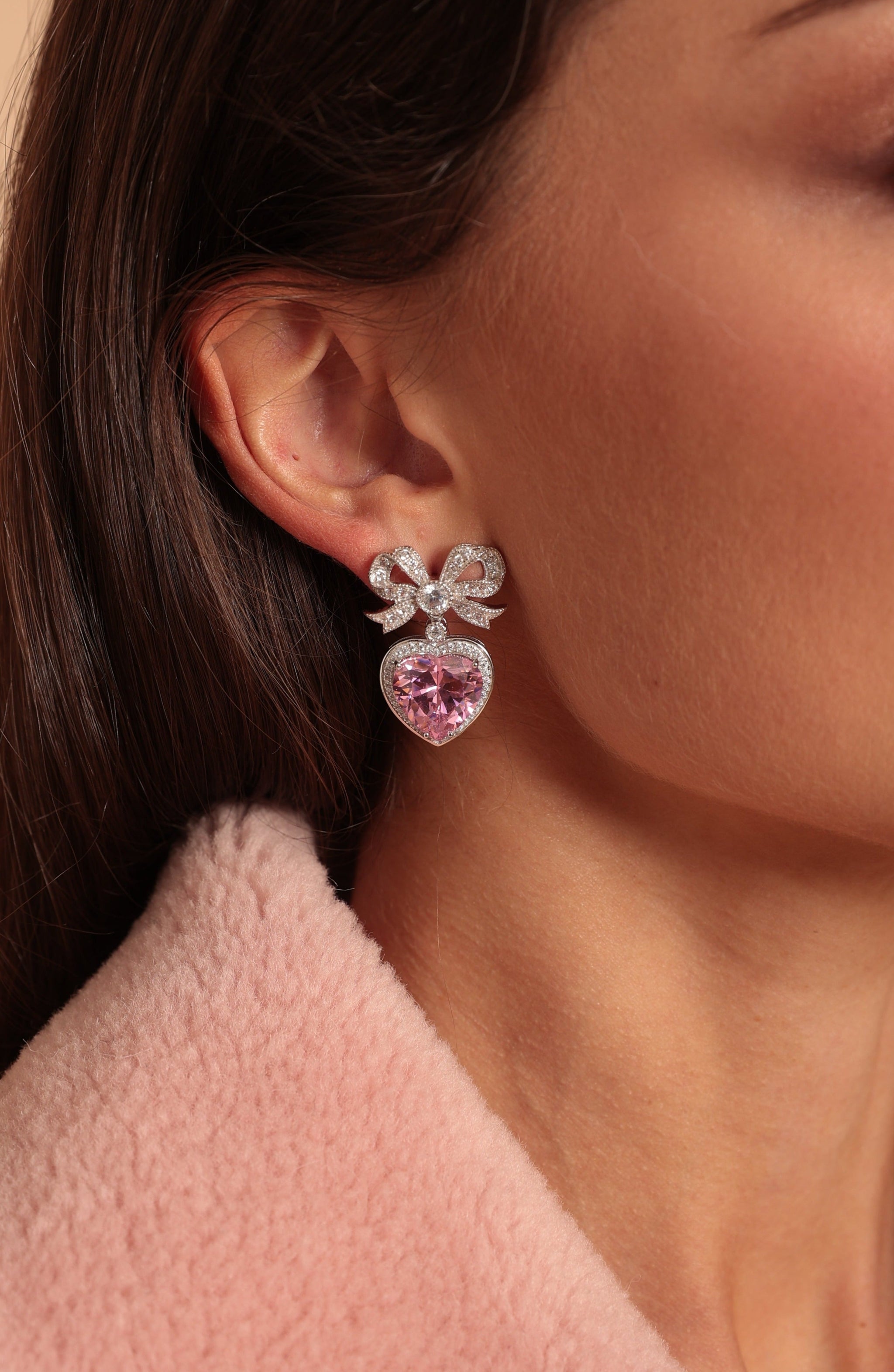 Silver Bow Earrings with Pink Crystals and Heart Drop | Princess Collection | Santinni