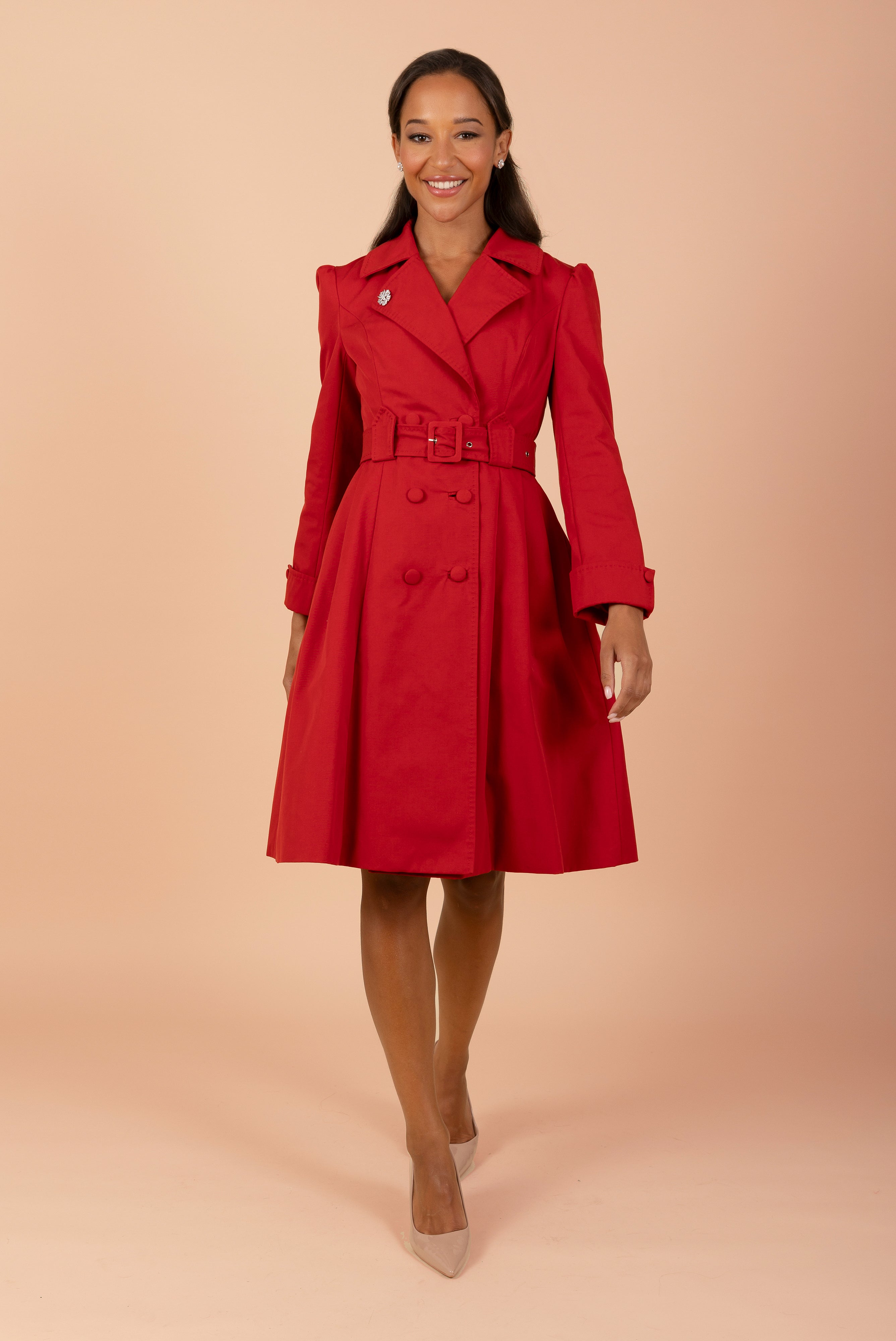 Red Cotton Dress Women's Trench Coat with Matching Belt | Bergman Collection | Santinni Red Cotton Dress Women's Trench Coat with Matching Belt | Bergman Collection | Santinni