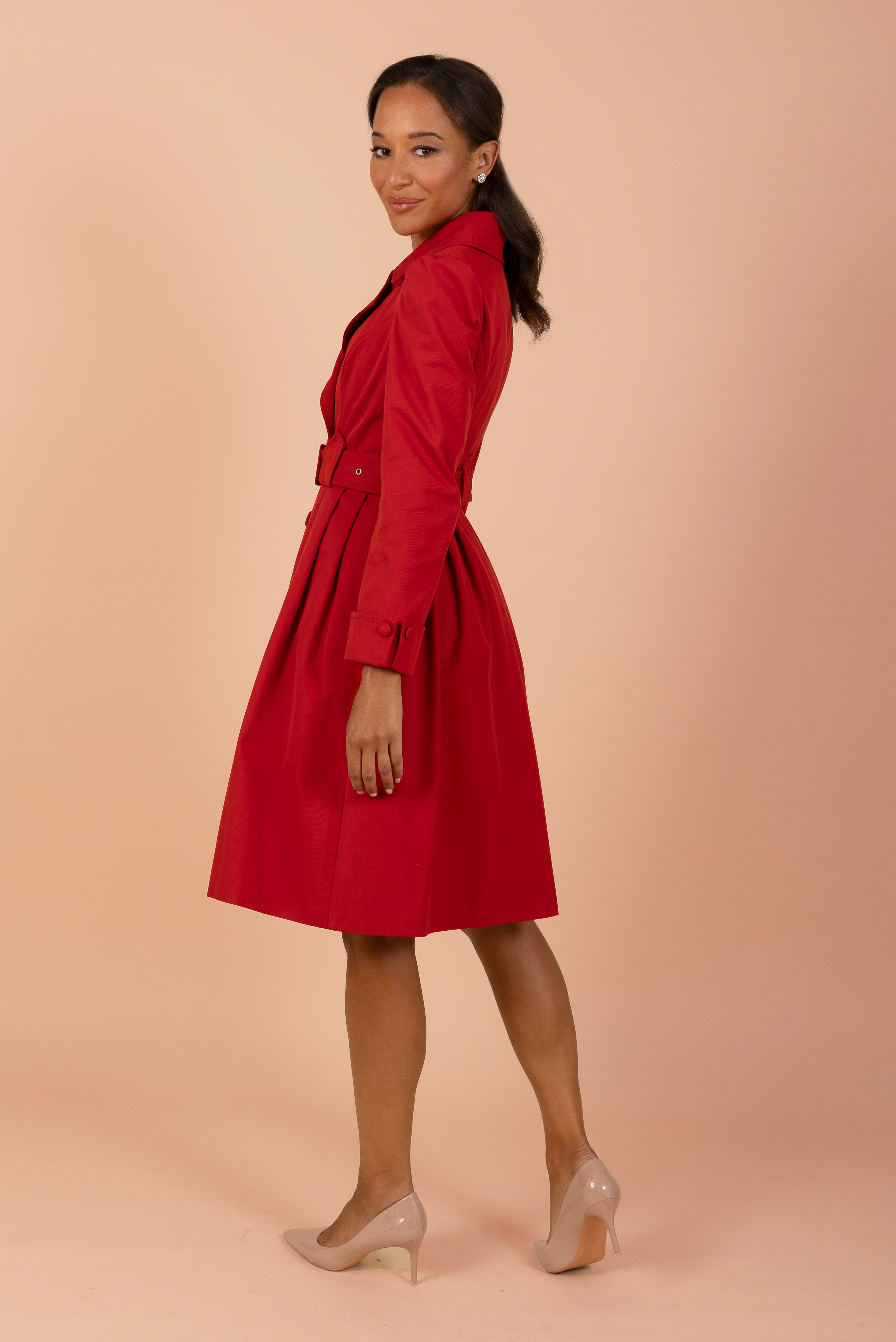 Red Cotton Dress Women's Trench Coat with Matching Belt | Bergman Collection