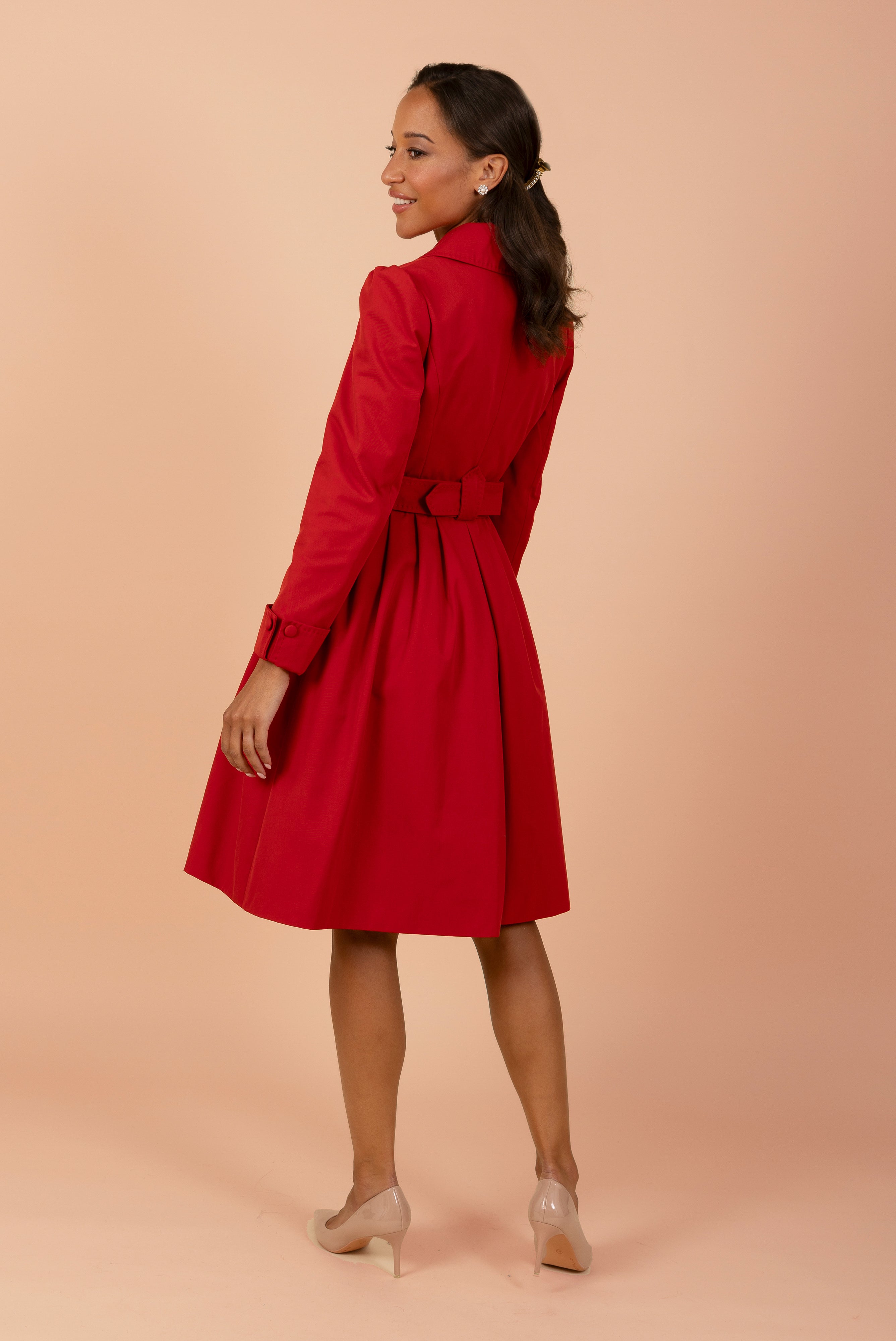 red dress with trench coat Vintage Red Dress Outfit Idea