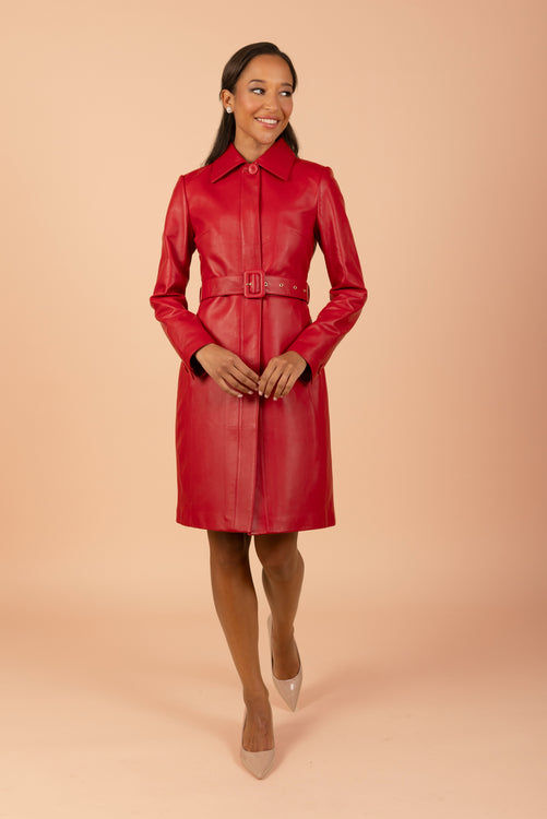 'Bellucci' Belted Leather Coat in Rosso