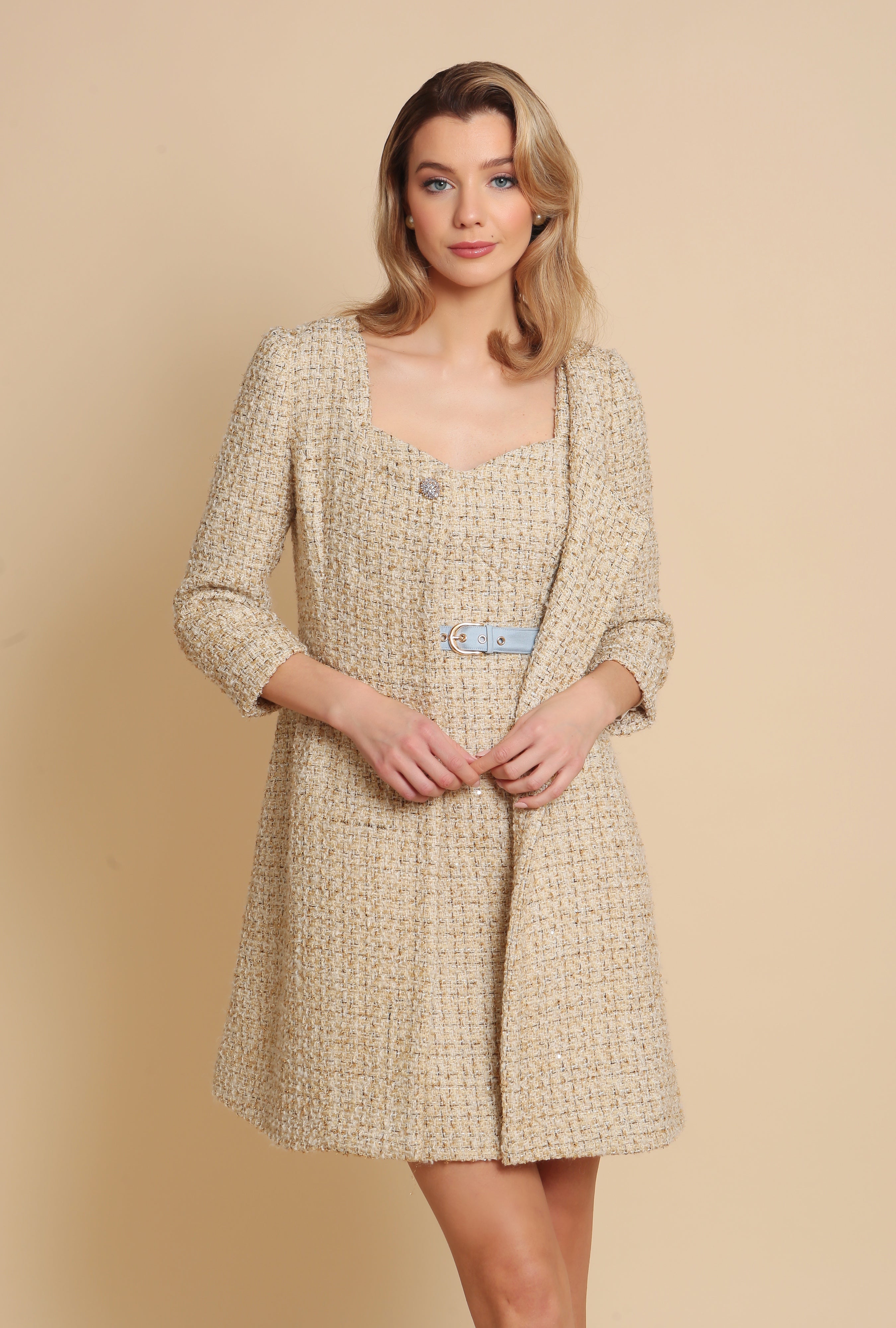 'Casablanca' Wool Tweed Dress Coat in Oro