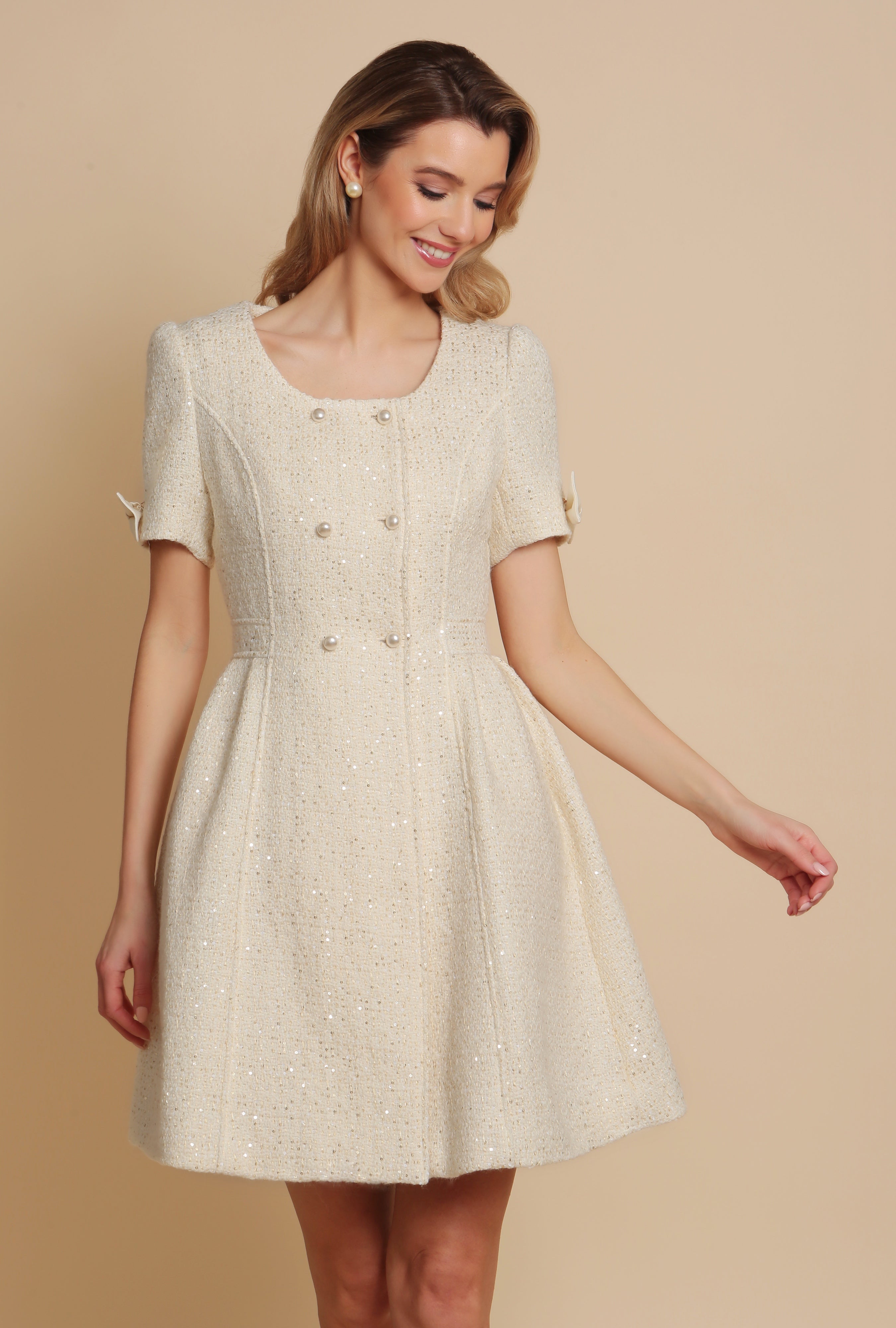 'Golden Age' Wool Tweed Dress Coat in Bianco