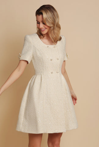 'Golden Age' Wool Tweed Dress Coat in Bianco