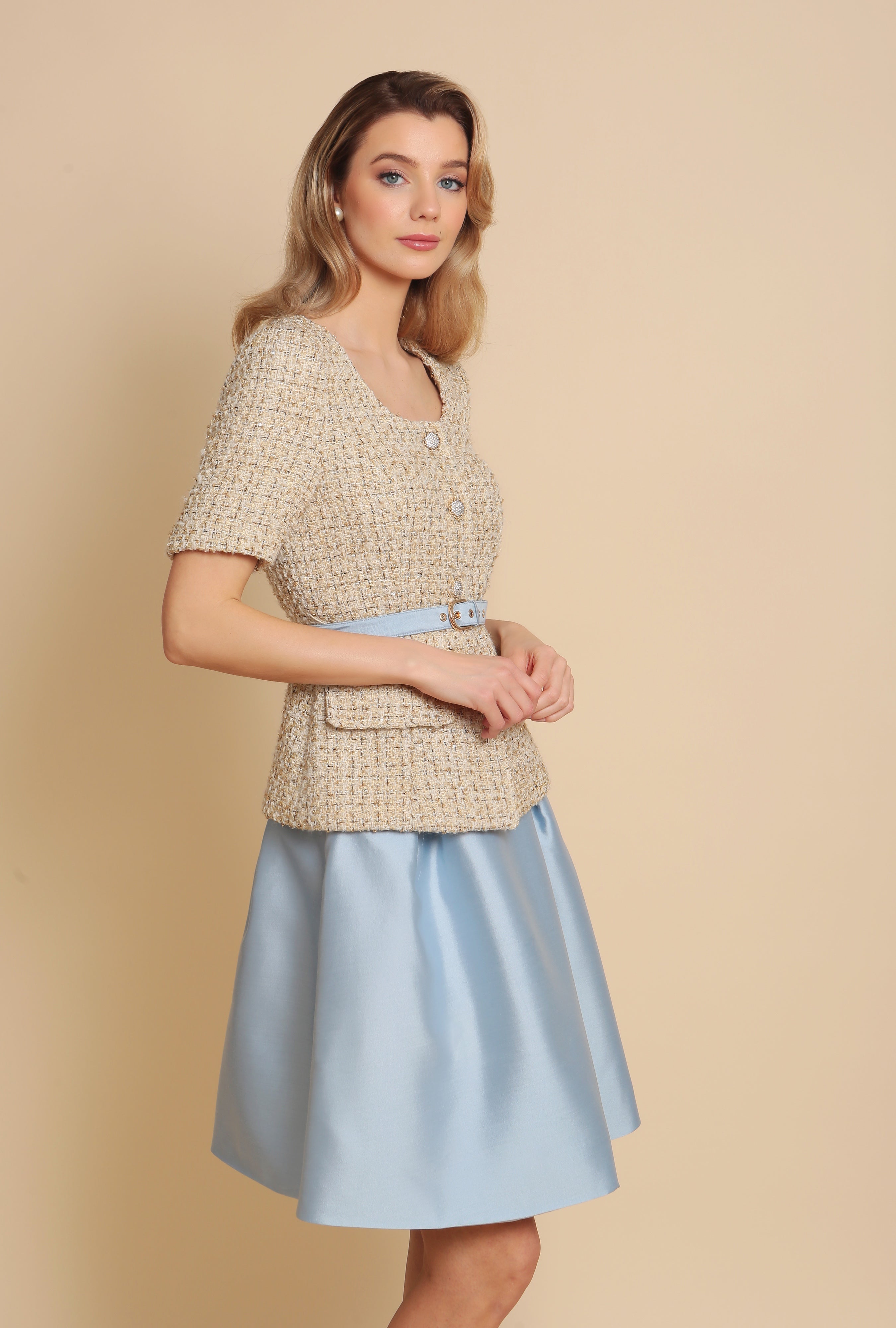 'Sophia' Silk and Wool Skirt with Bow in Blu