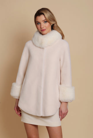 'Scarlett' Wool and Faux Fur Cape Coat in Bianco