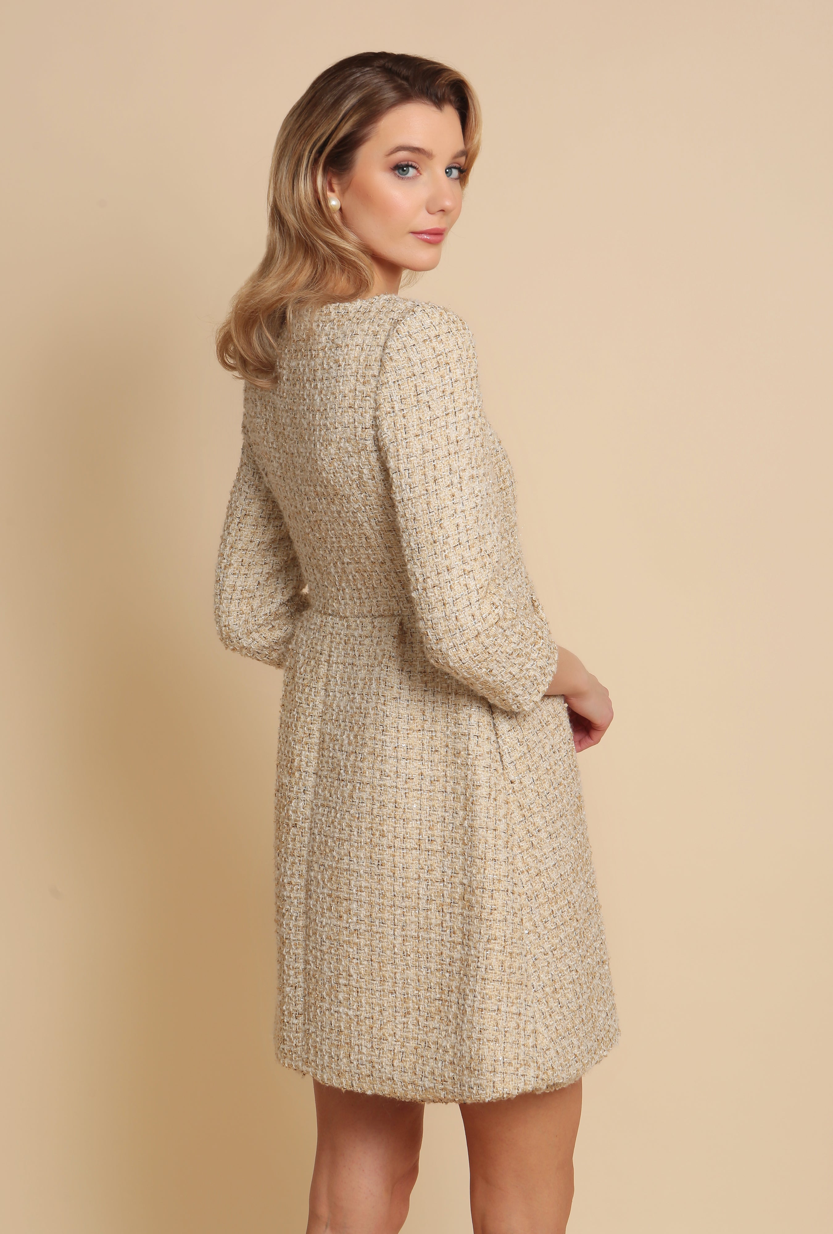 Elegant Gold Wool Tweed Dress Women's Coat | Scoop Neckline | Casablanca Collection | Santinni Elegant Gold Wool Tweed Dress Women's Coat | Scoop Neckline | Casablanca Collection | Santinni