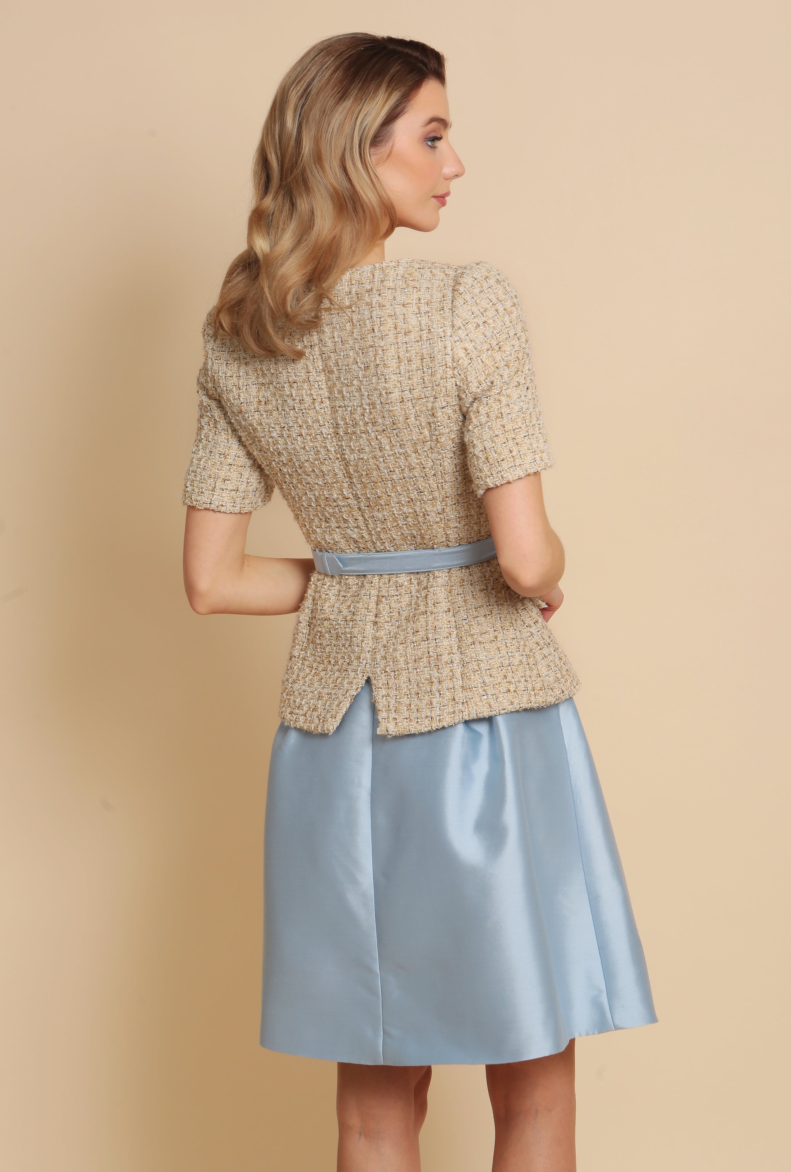 'Charade' Wool Tweed Belted Blazer in Oro