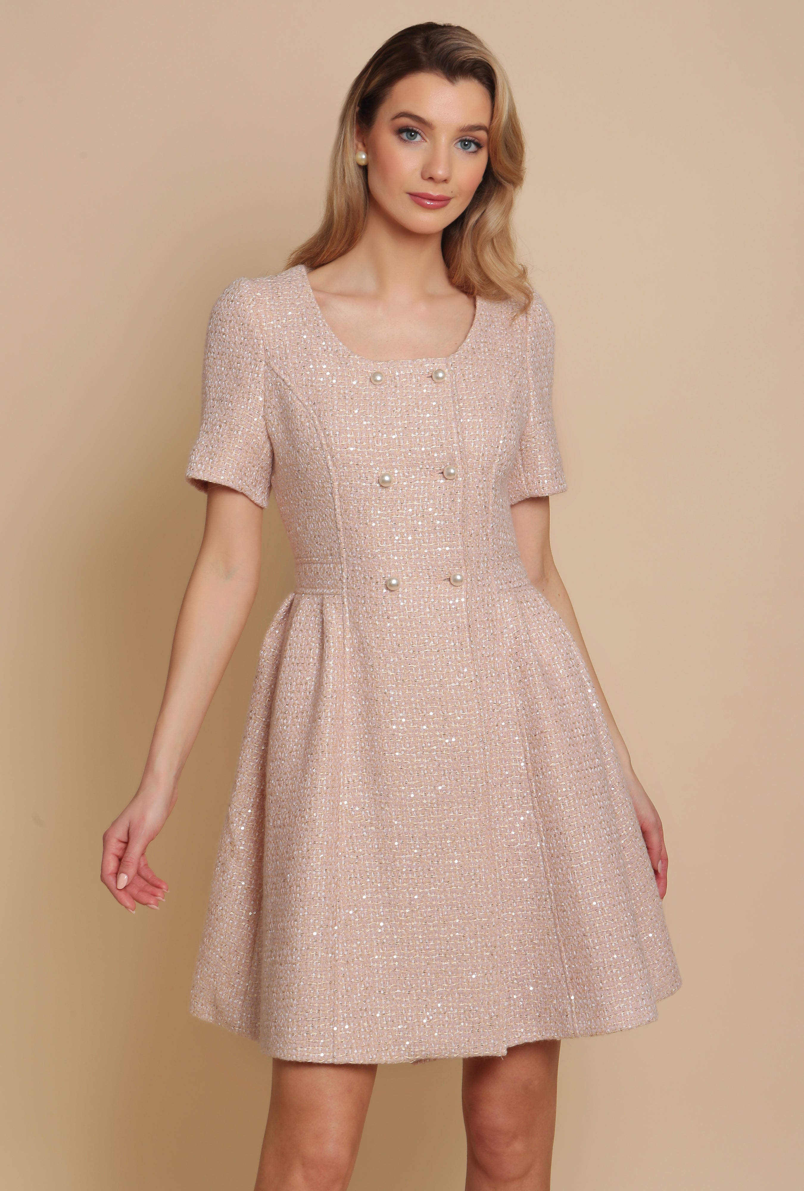 'Golden Age' Wool Tweed Dress Coat in Rosa