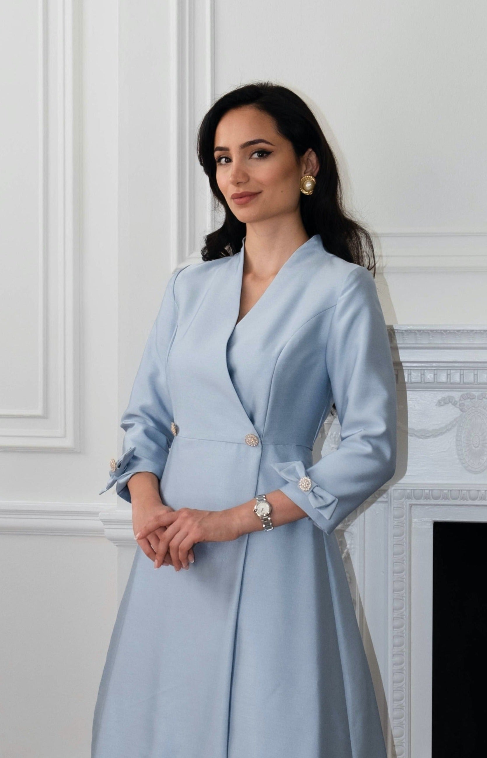 'Astor' Silk and Wool Dress Coat in Blu
