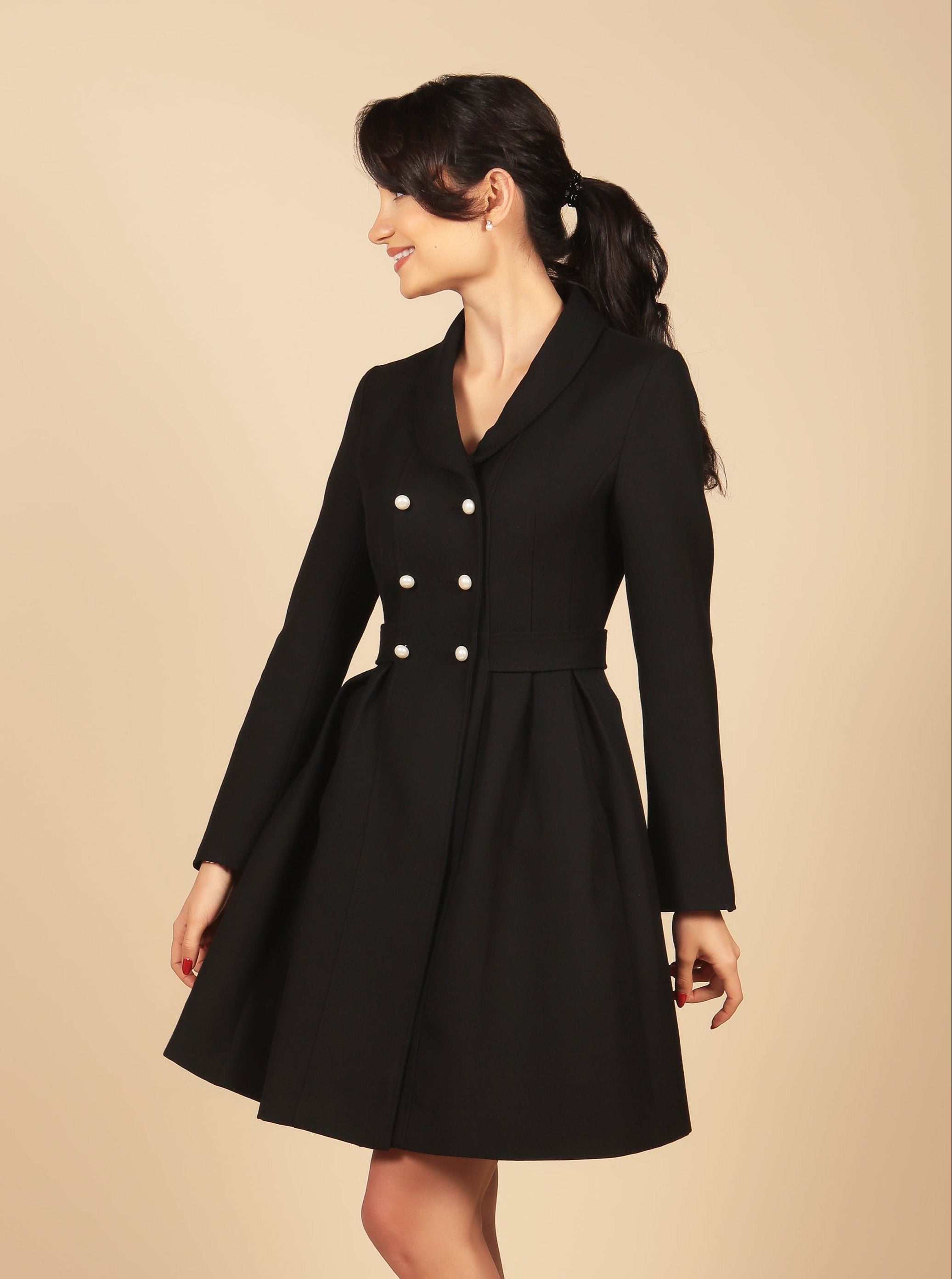 Black Wool Dress Women's Coat | Tailored Waist | Double-Breasted Front | Kennedy Collection | Santinni Black Wool Dress Women's Coat | Tailored Waist | Double-Breasted Front | Kennedy Collection | Santinni